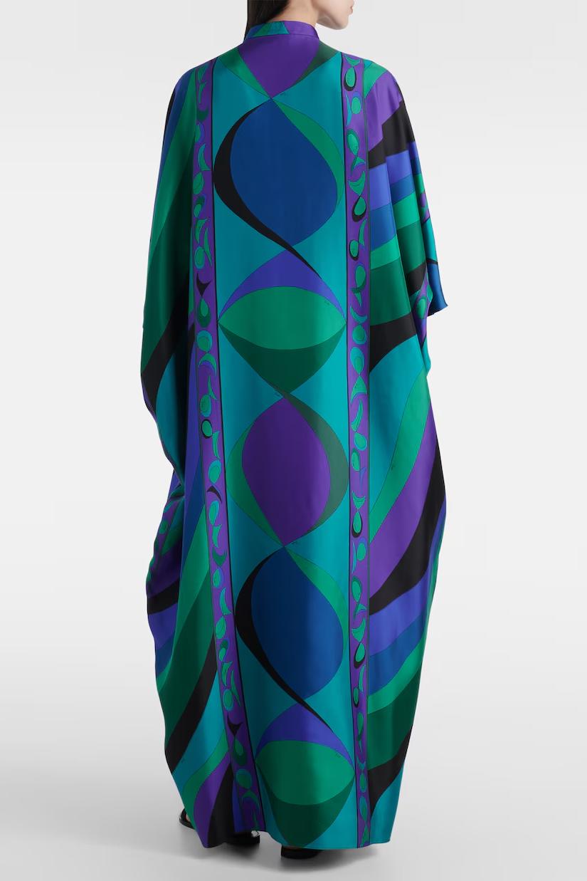 Vestido Kaftan Longo em Cetim com Estampa Psicodélica Iride