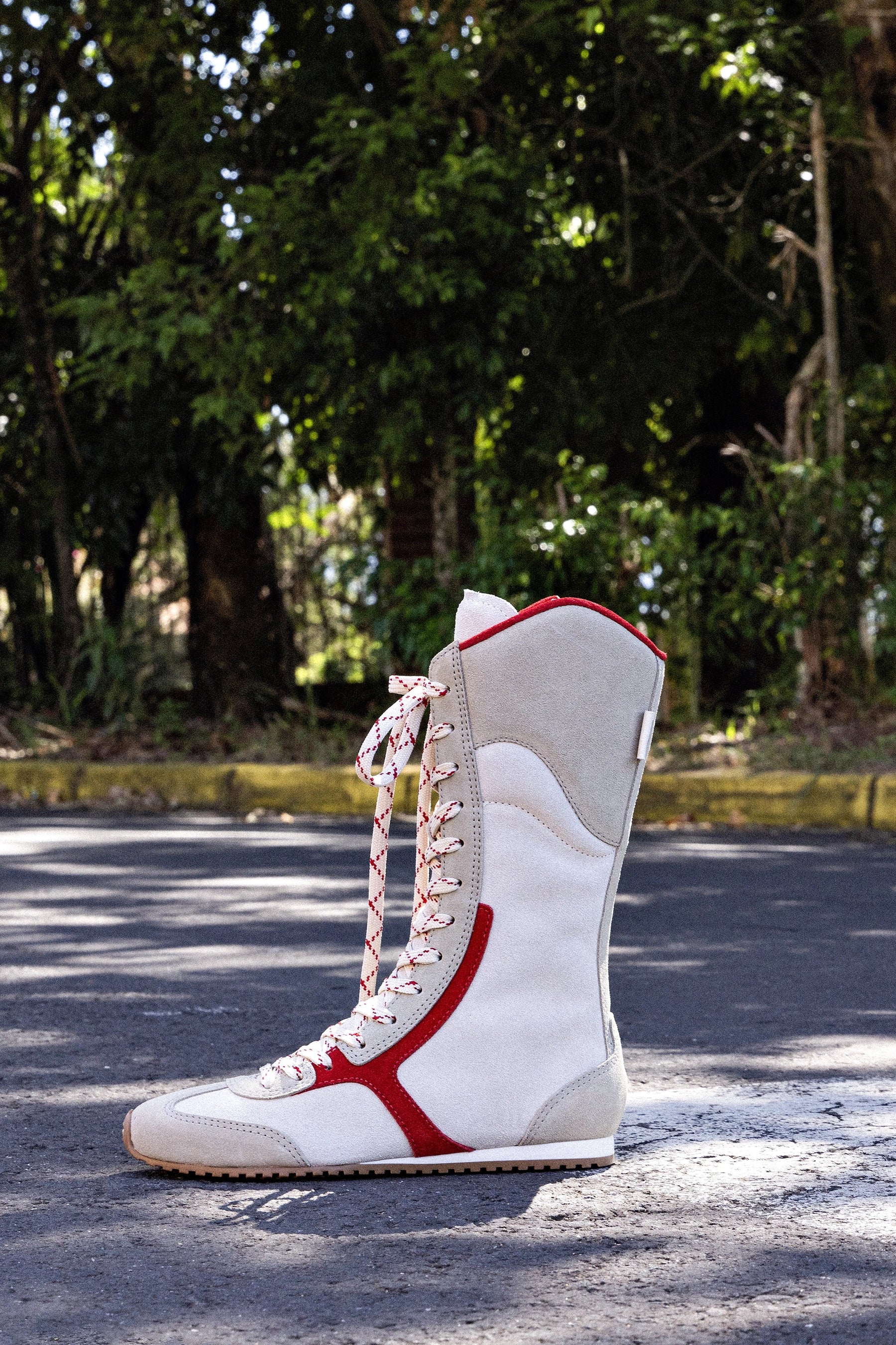 Larroudé x Jonathan Cohen Flat Lo Sneaker Boot In Ivory, Oyster Grey and Scarlet Suede