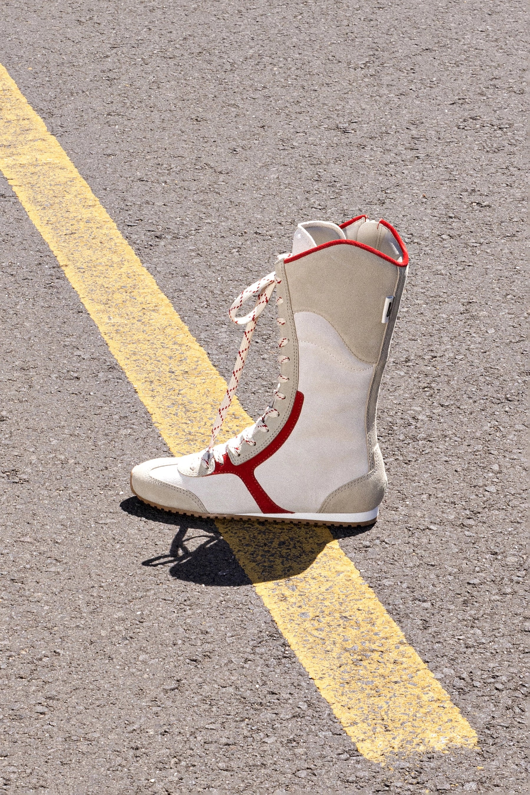 Larroudé x Jonathan Cohen Flat Lo Sneaker Boot In Ivory, Oyster Grey and Scarlet Suede