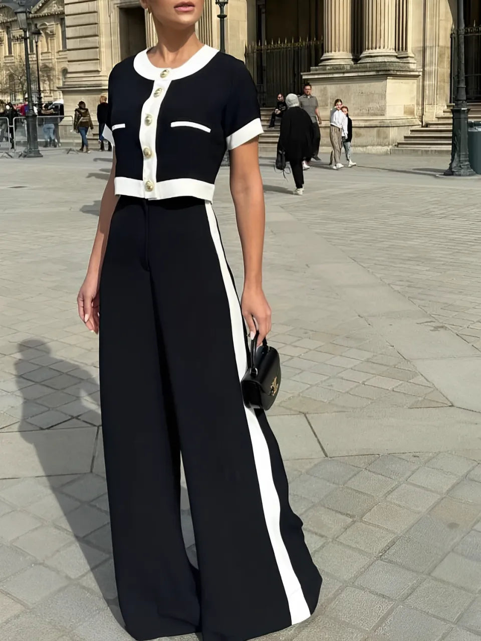 Conjunto Feminino Confortável Blusa Cropped com Botões e Calça de Cintura Alta - Victoria