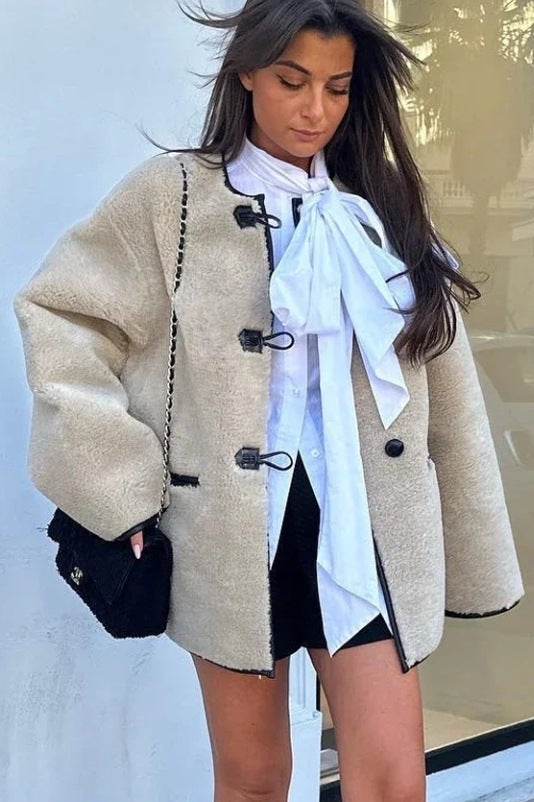 Jaqueta Ampla de Couro de Cordeiro Sintético