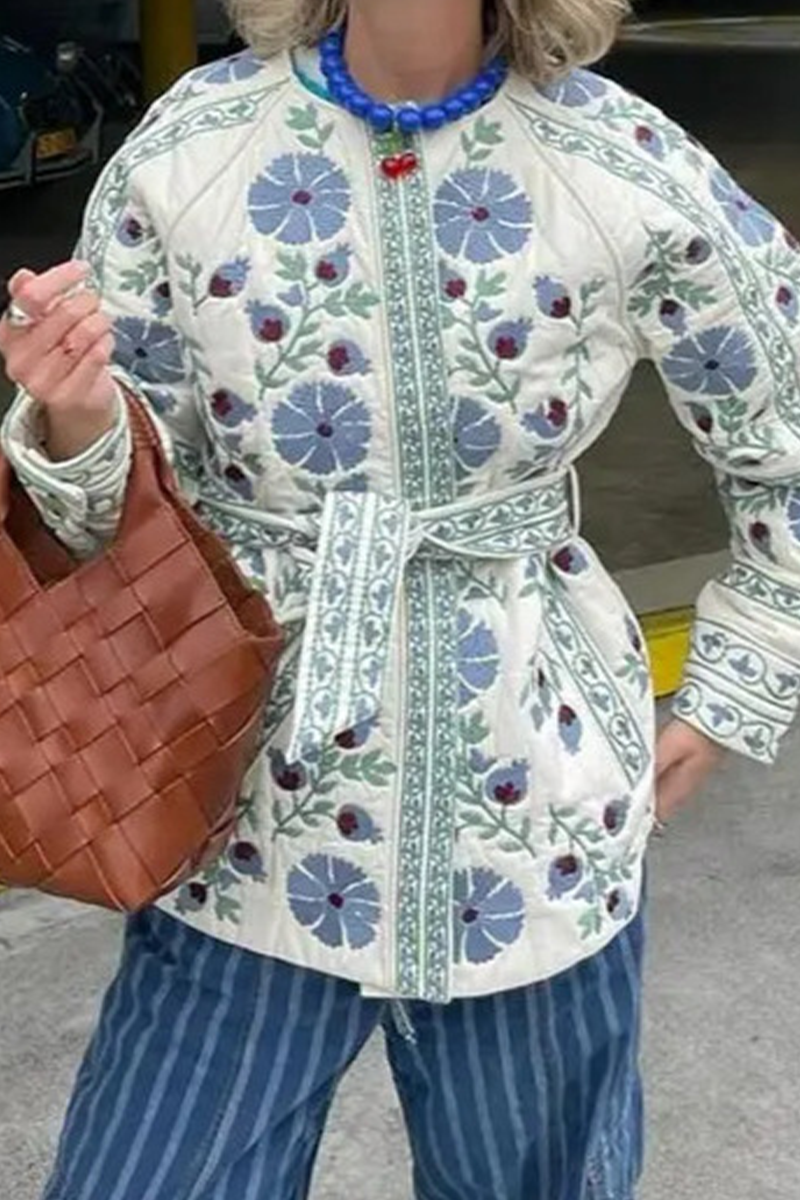 Jaqueta Casual Street com Flores, Laço e Botões em Patchwork com Decote Redondo