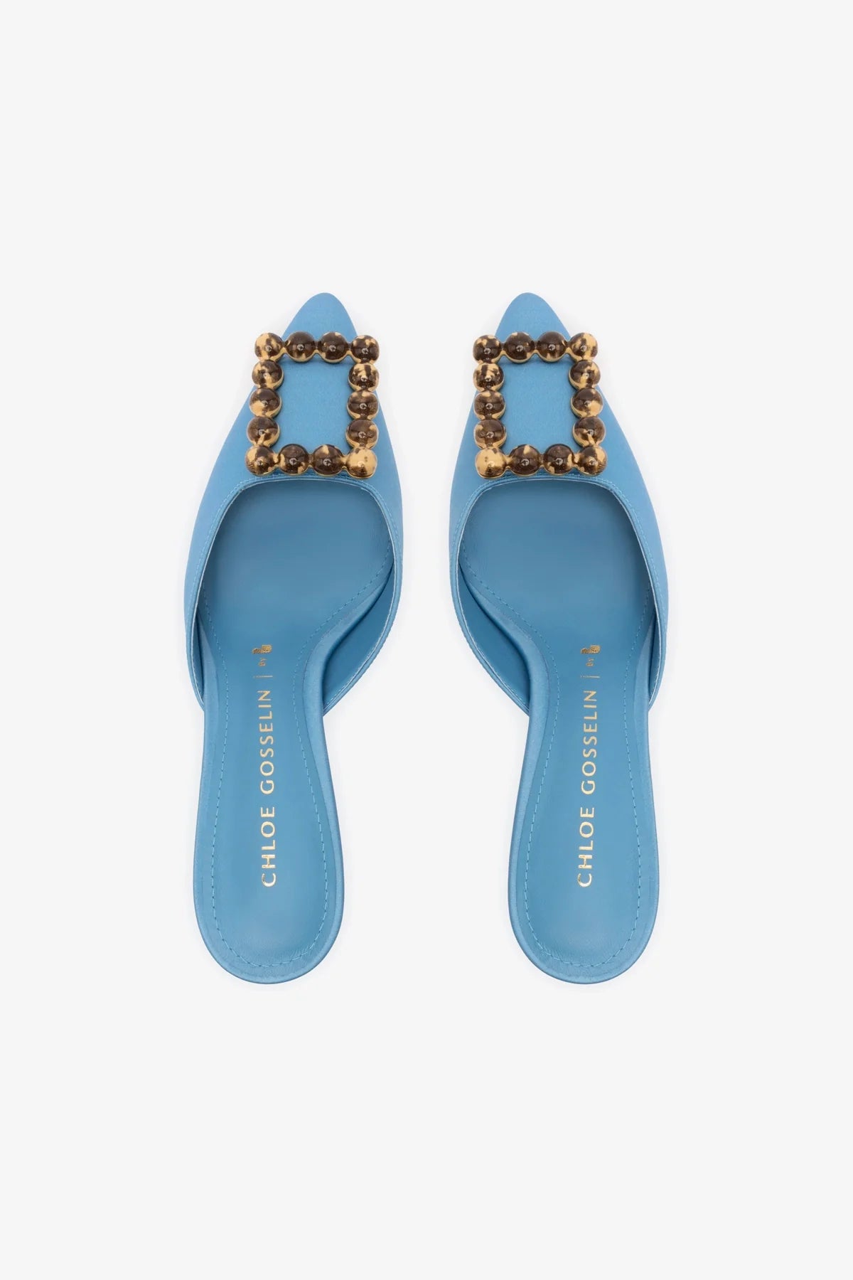 Chloe Gosselin by Studio Larroudé: Mule Ava Cetim Azul