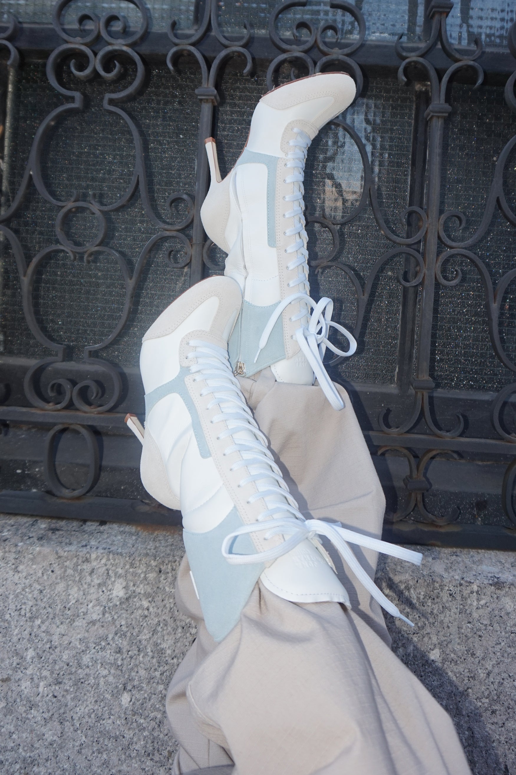Larroudé x Jonathan Cohen High Heel Sneaker Boot In White Leather, Maya and Mushroom Grey Suede