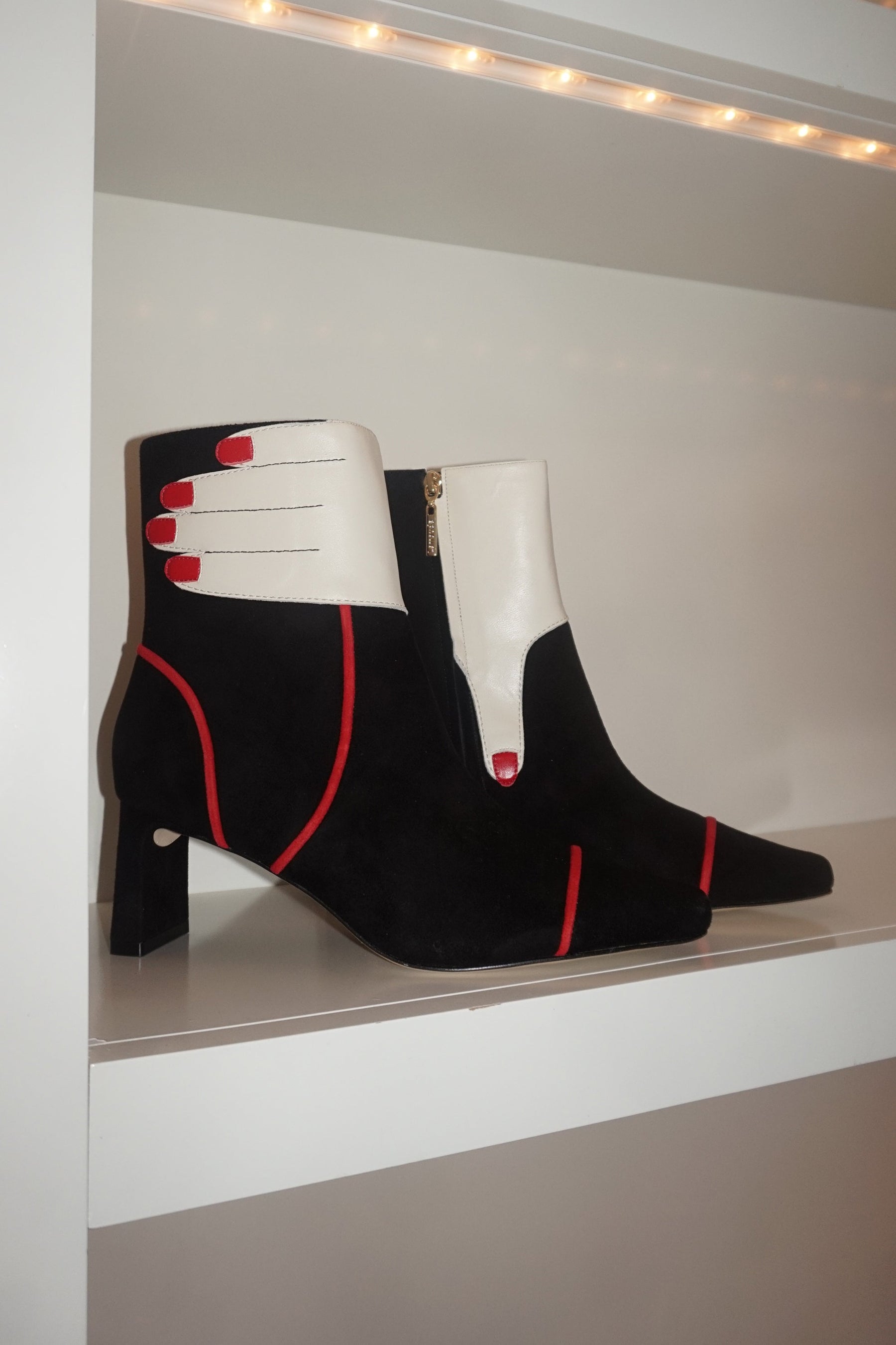 Larroudé x Libertine Hand Boot In Black, Ivory and Scarlet Leather