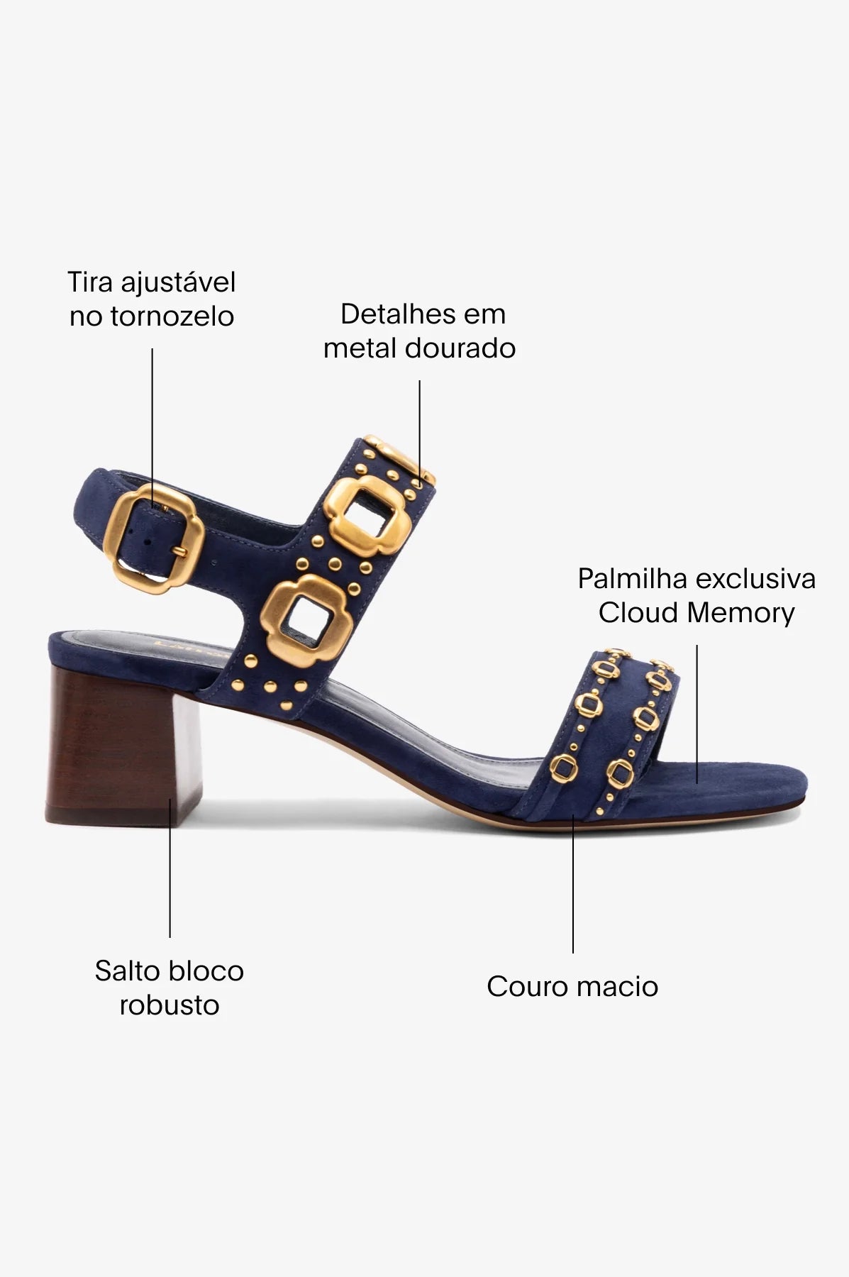 Sandália Salto Bloco Milan Azul e Tachas Dourado