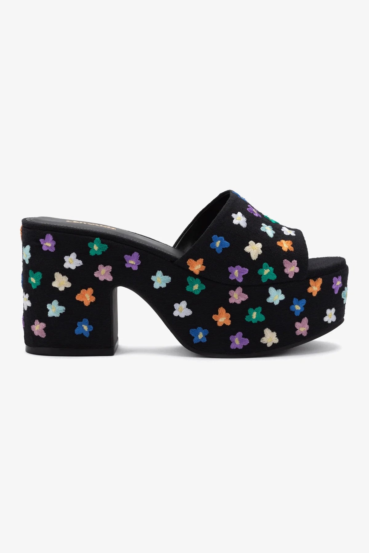 Mule Plataforma Miso Linho Preto com Bordado Floral