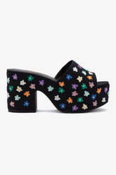 Mule Plataforma Miso Linho Preto com Bordado Floral