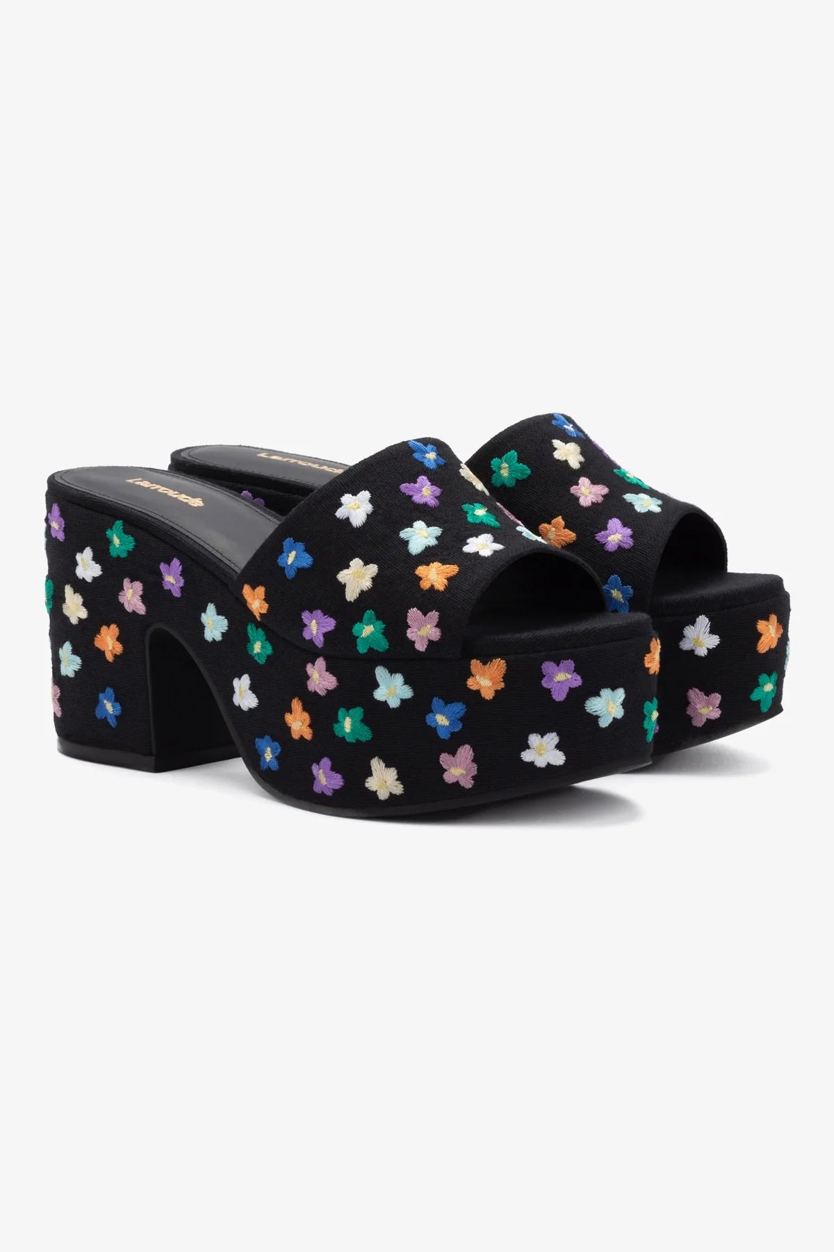 Mule Plataforma Miso Linho Preto com Bordado Floral