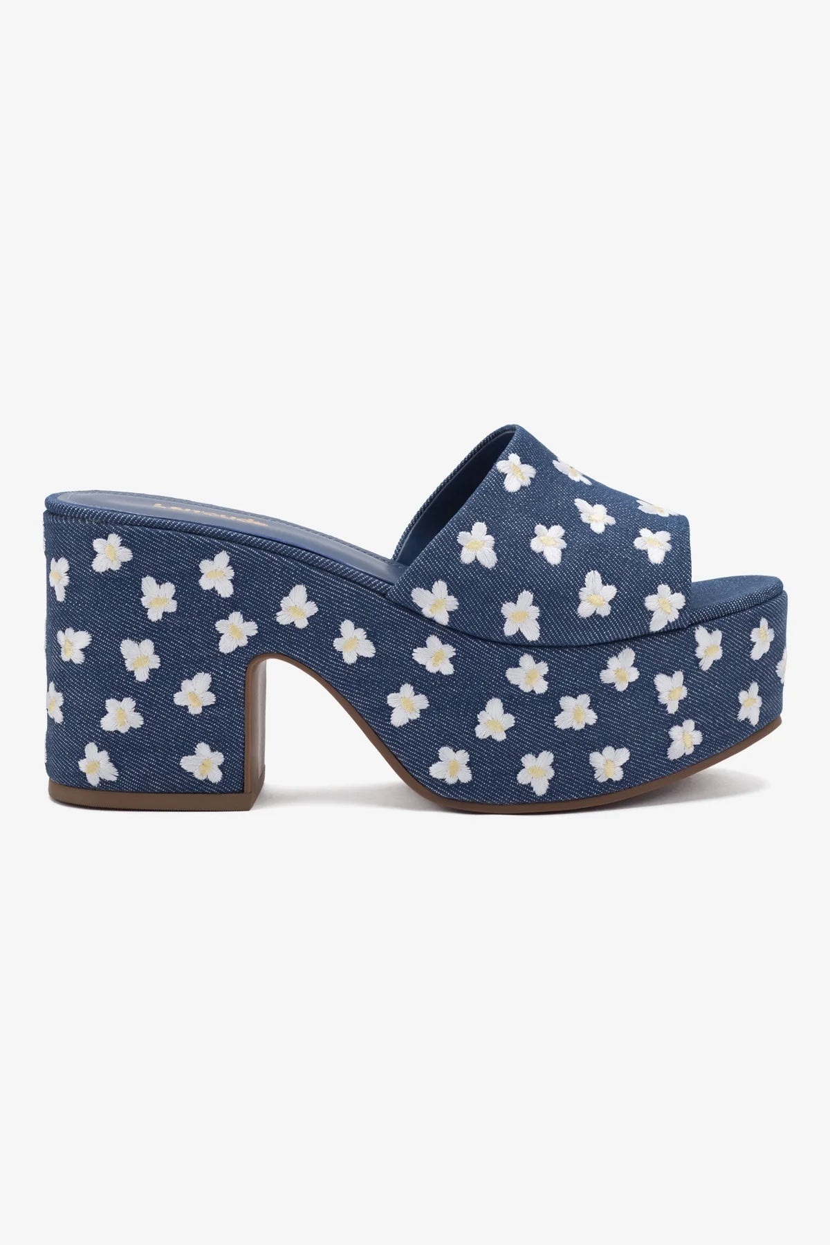 Mule Plataforma Miso Jeans Azul com Bordado Floral
