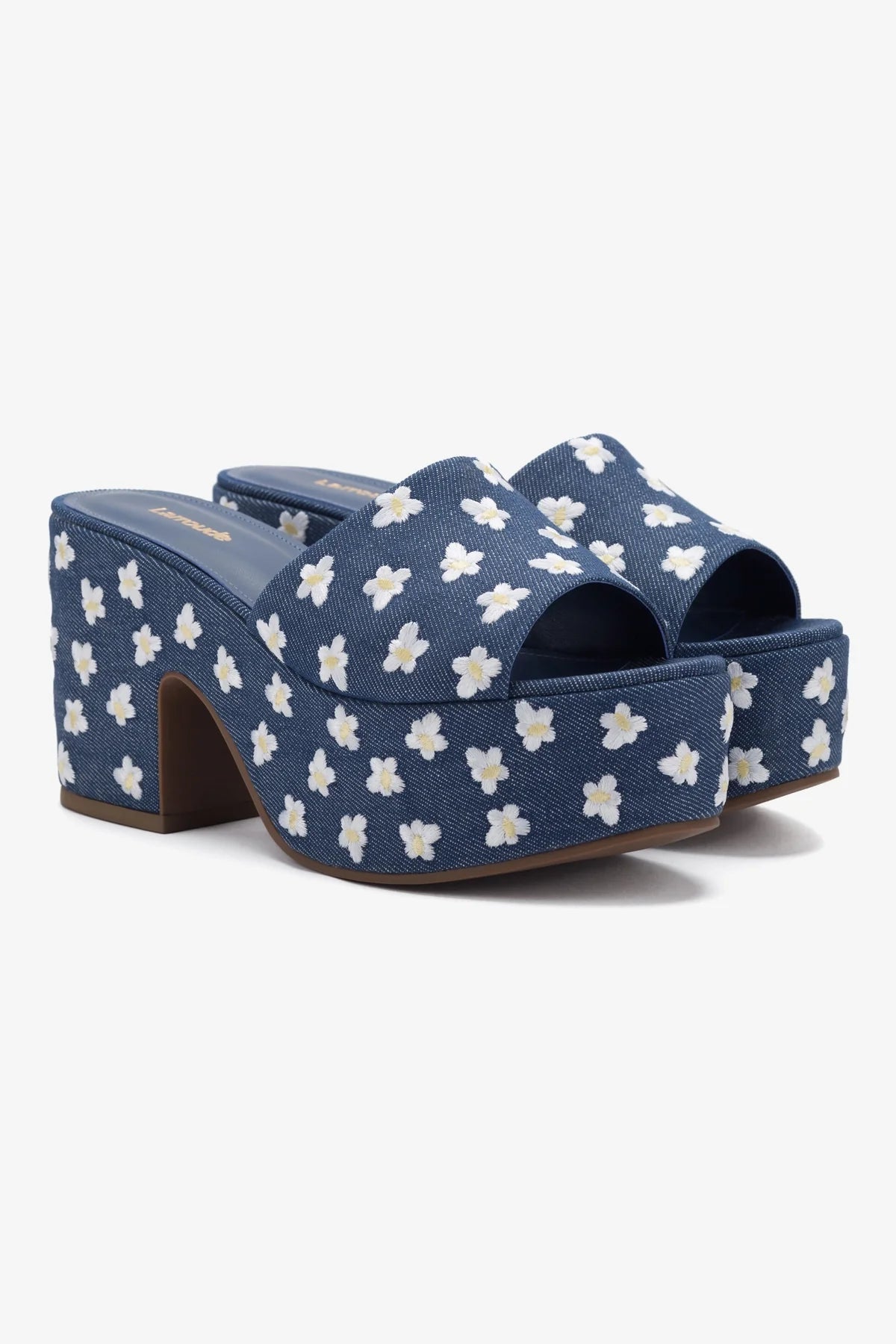 Mule Plataforma Miso Jeans Azul com Bordado Floral