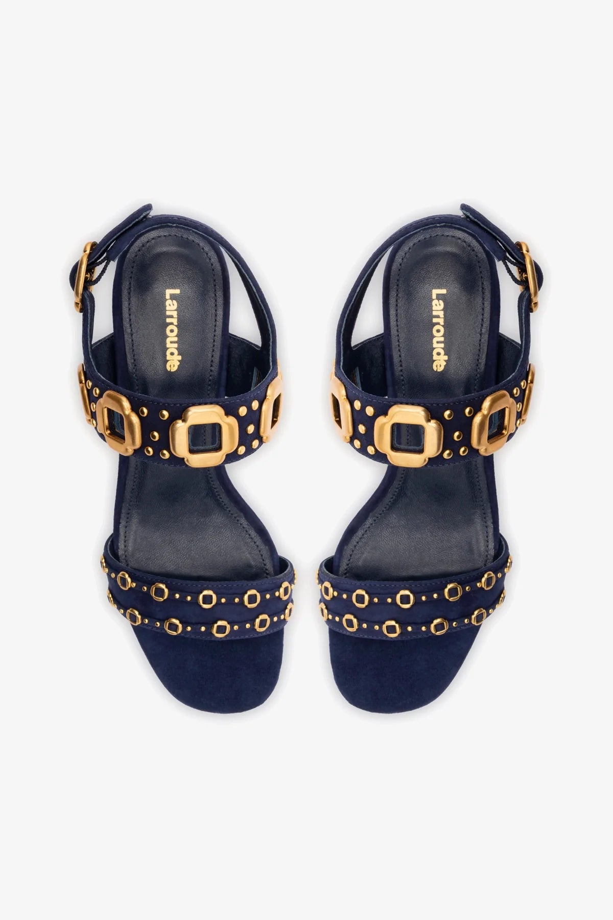 Sandália Salto Bloco Milan Azul e Tachas Dourado