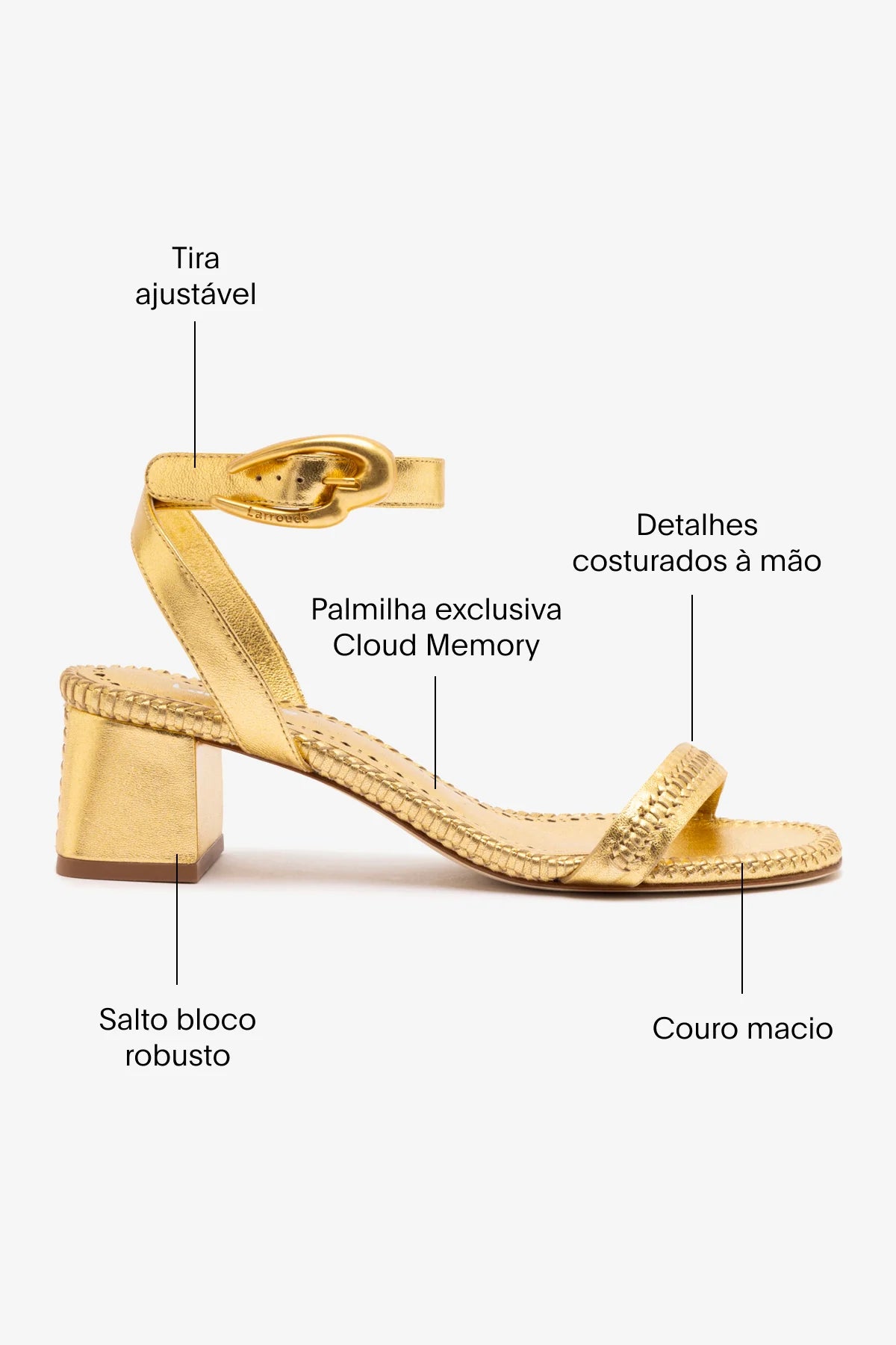 Sandália Salto Bloco Verona Couro Dourado