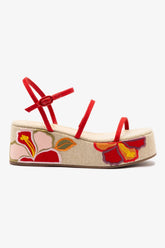 Flatform Gio Ráfia Bege e Vermelho Bordado Floral