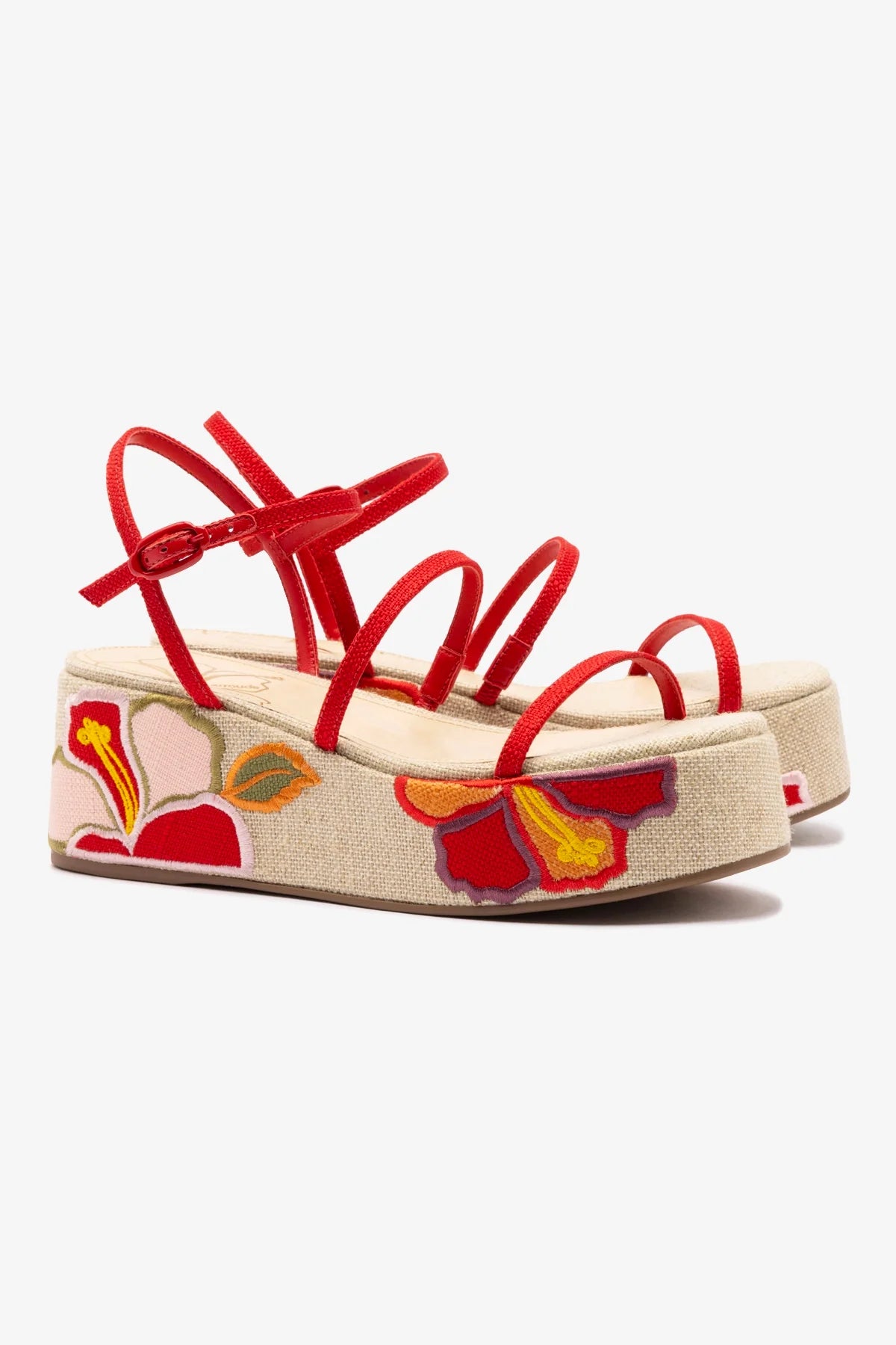 Flatform Gio Ráfia Bege e Vermelho Bordado Floral