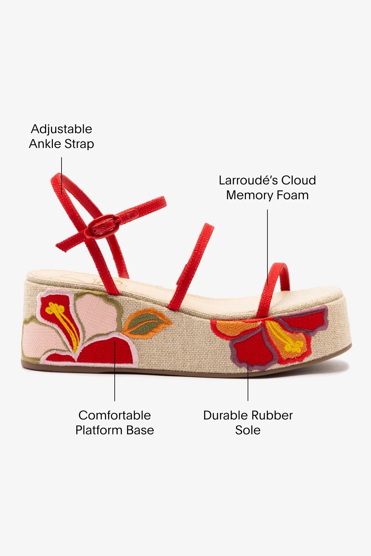 Flatform Gio Ráfia Bege e Vermelho Bordado Floral