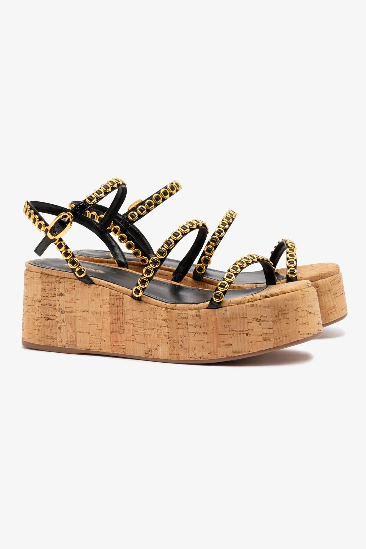 Flatform Gio Milanina Couro Verniz Preto e Cortiça