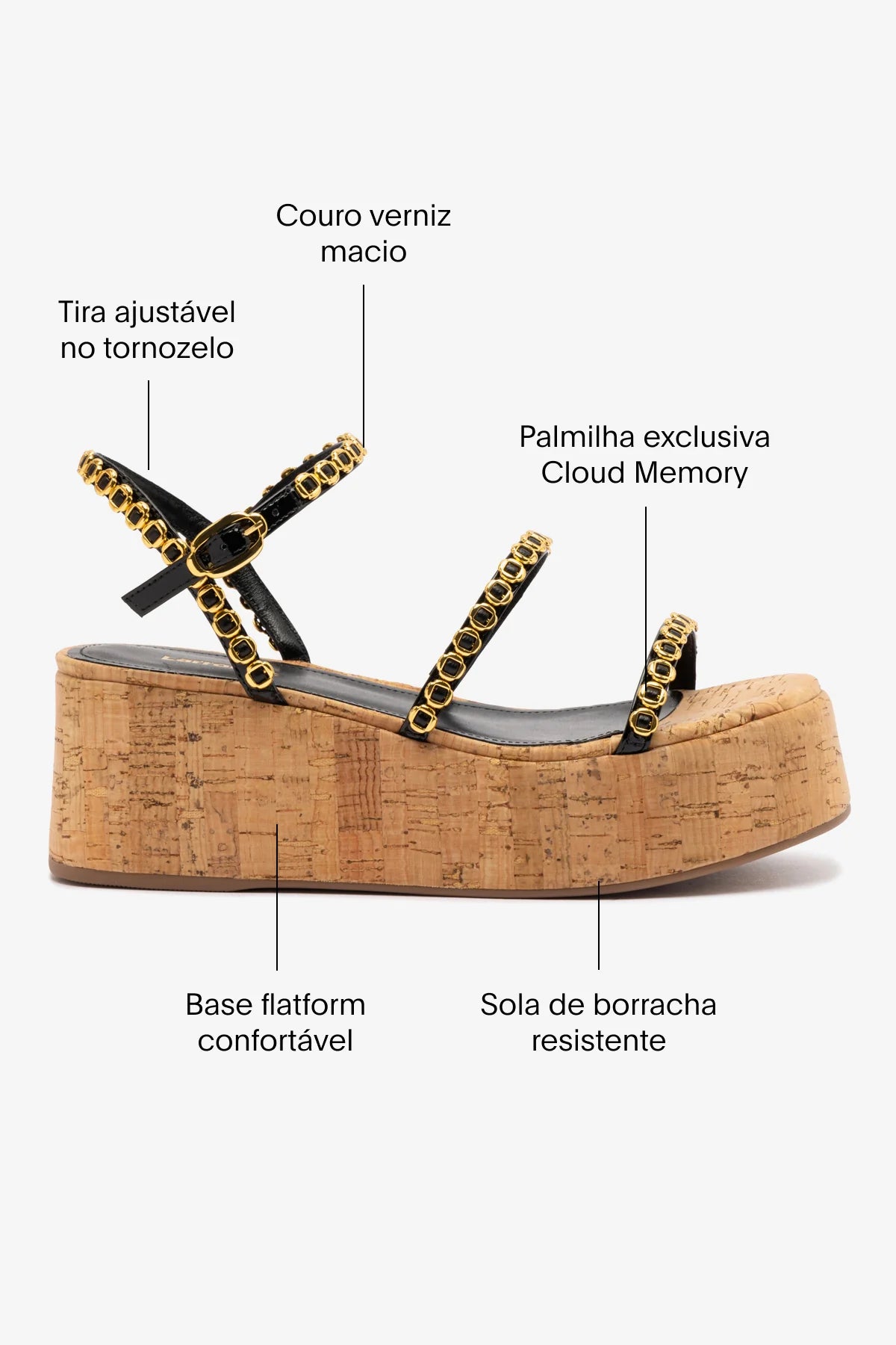 Flatform Gio Milanina Couro Verniz Preto e Cortiça