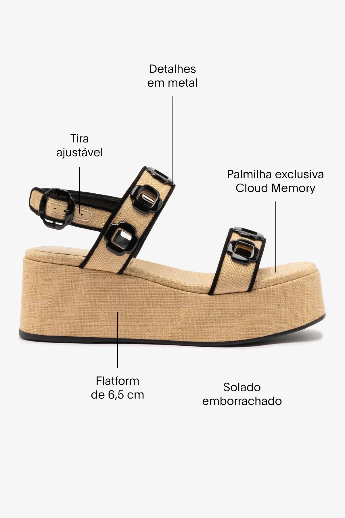 Flatform Milan Ráfia Bege e Camurça Preto