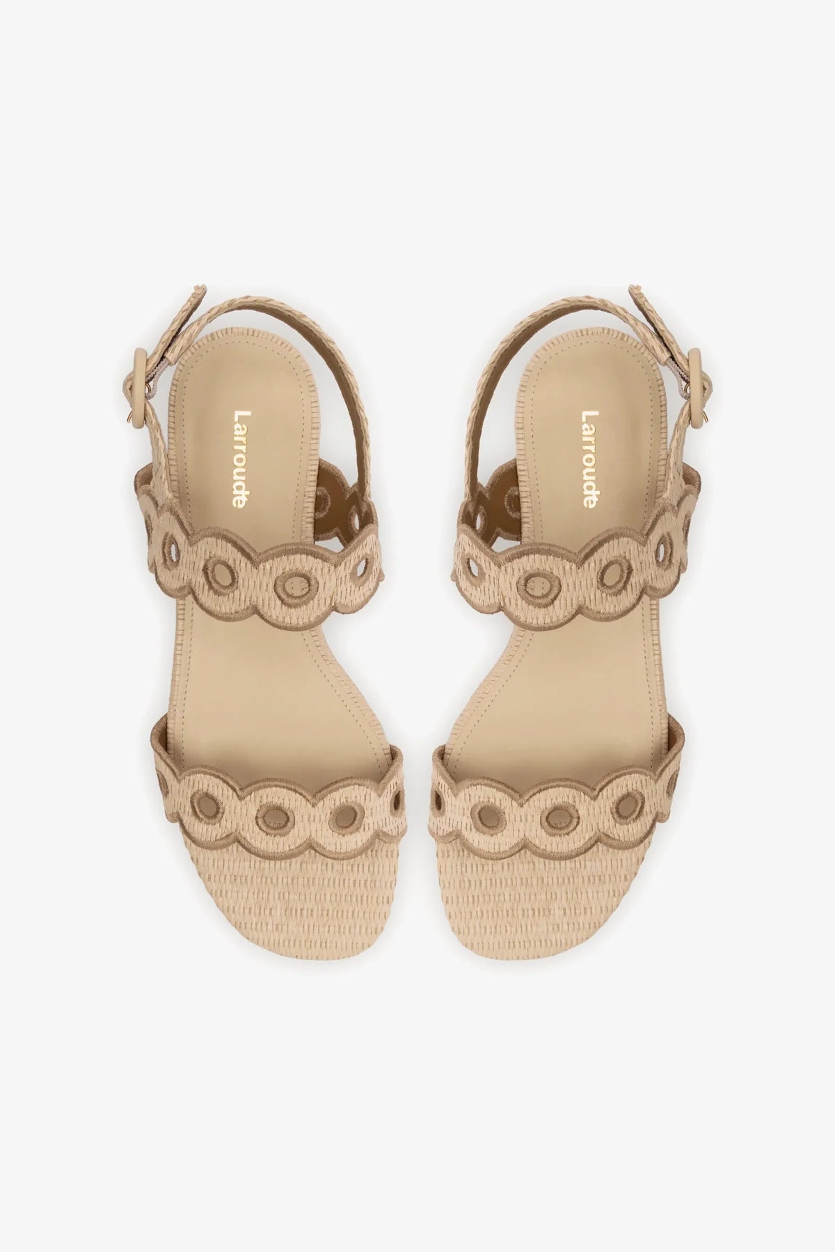 Sandália Flat Florence Broderie Ráfia Bege e Couro Marrom