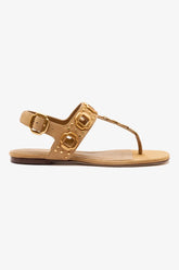 Sandália Flat Milan Couro Marrom e Tachas Dourado