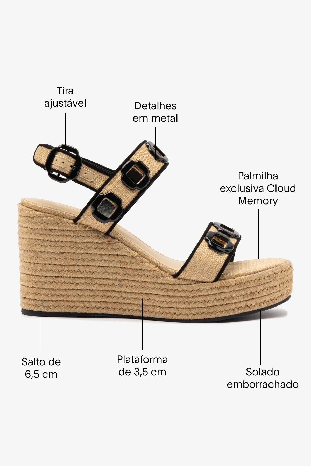 Sandália Anabela Milan Ráfia Bege e Camurça Preto