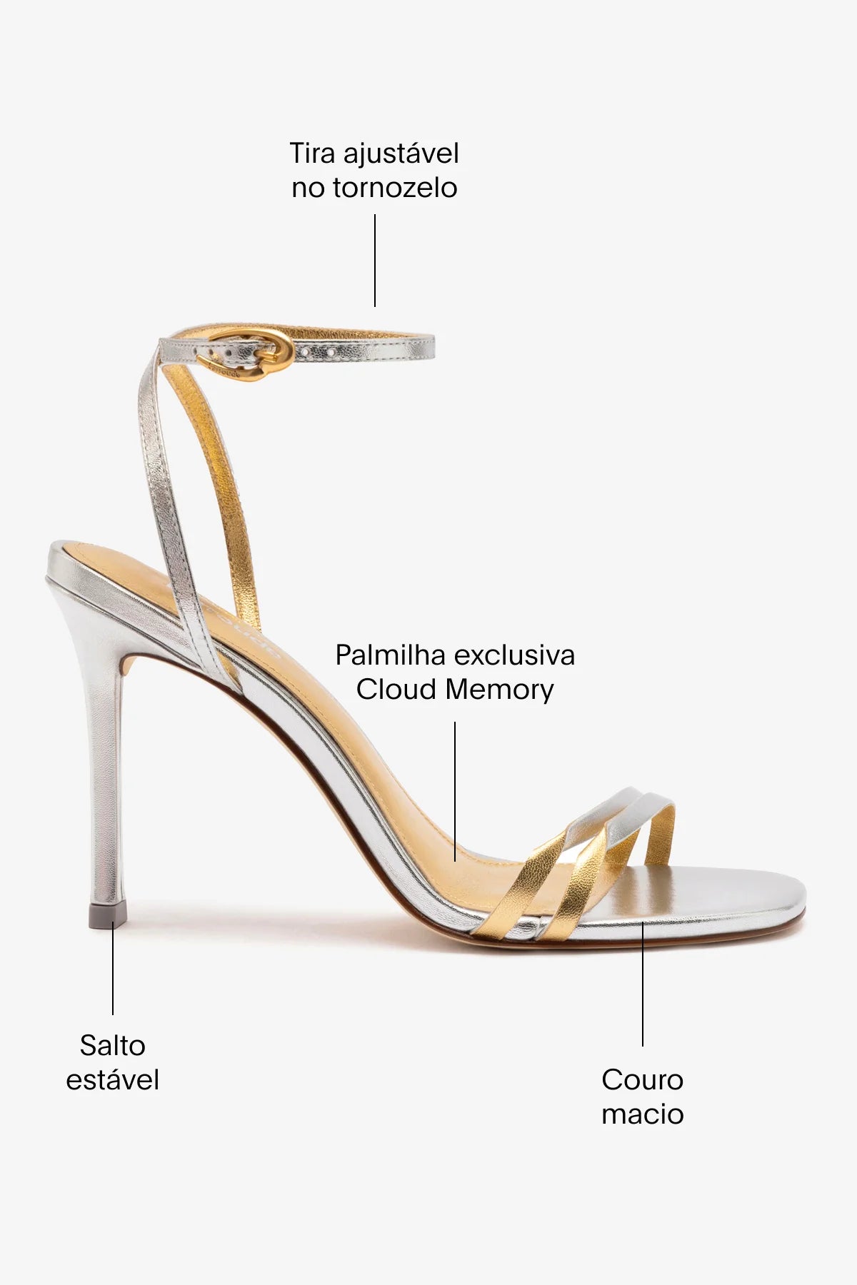 Sandália Vesper Couro Prateado e Couro Dourado