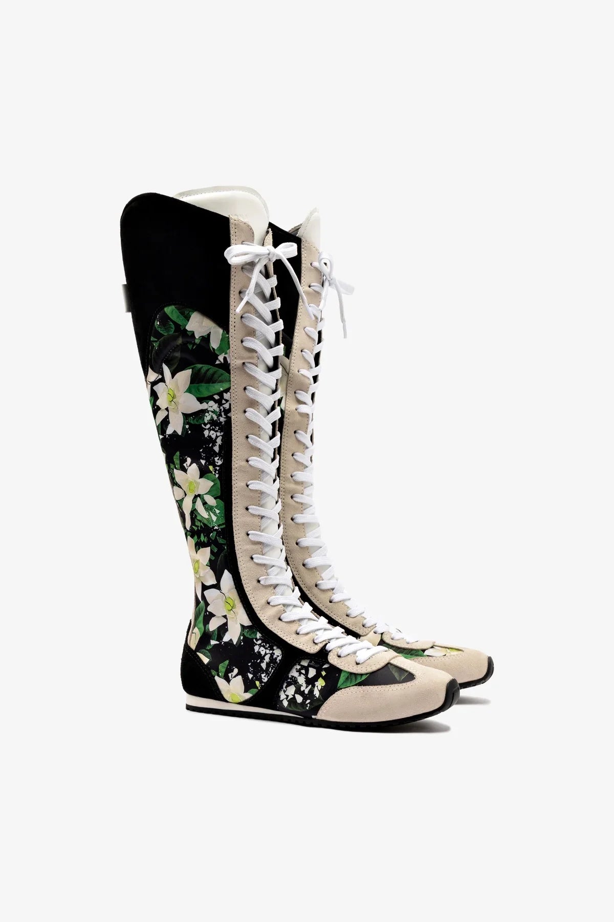 Larroudé x Jonathan Cohen Flat Hi Sneaker Boot In Black Gardenias Satin And Black Suede