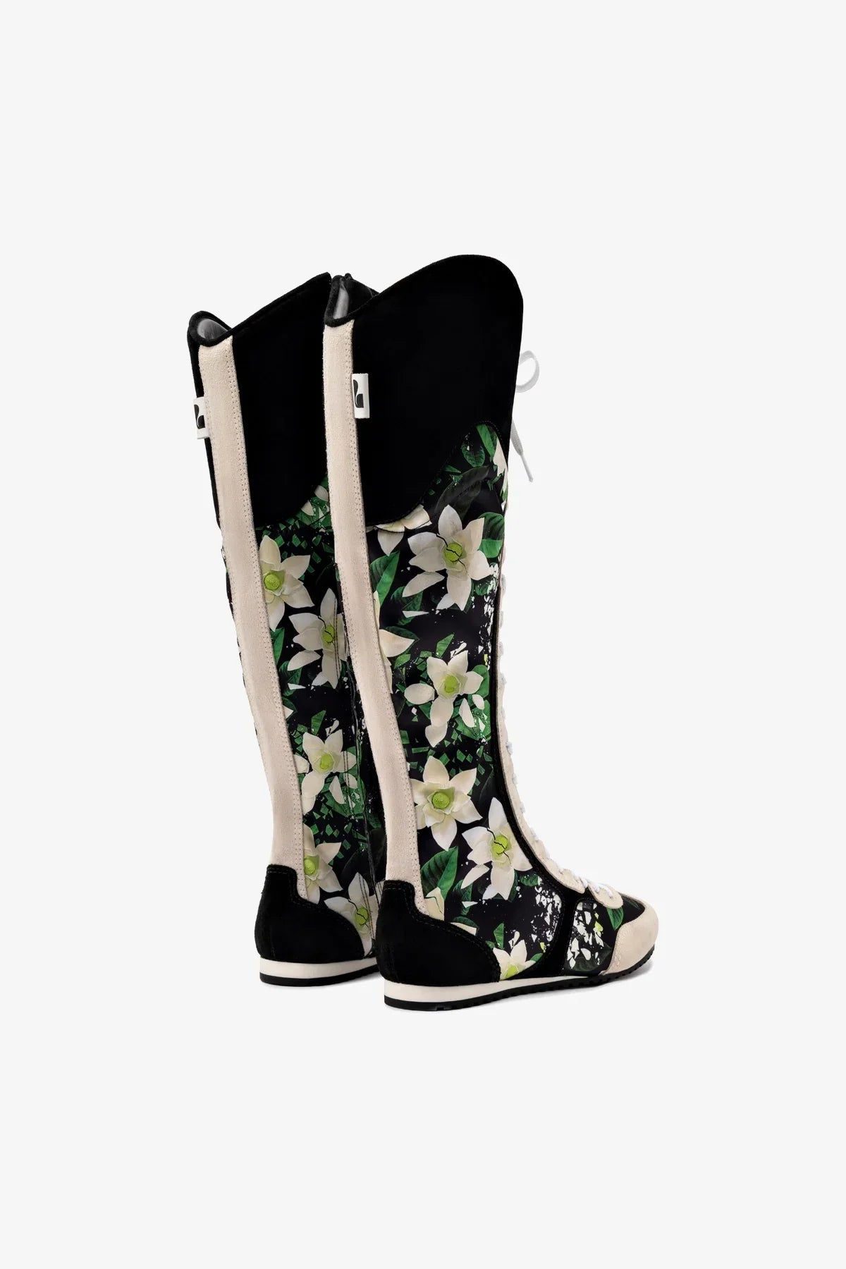 Larroudé x Jonathan Cohen Flat Hi Sneaker Boot In Black Gardenias Satin And Black Suede