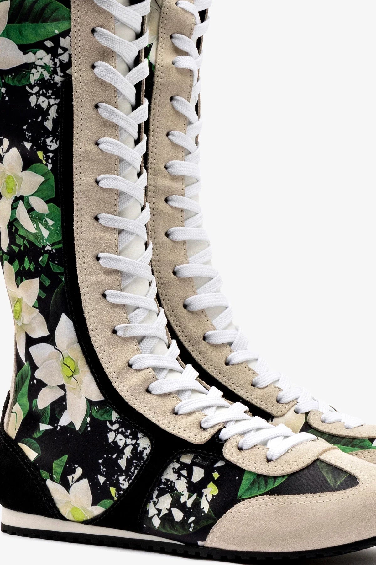 Larroudé x Jonathan Cohen Flat Hi Sneaker Boot In Black Gardenias Satin And Black Suede