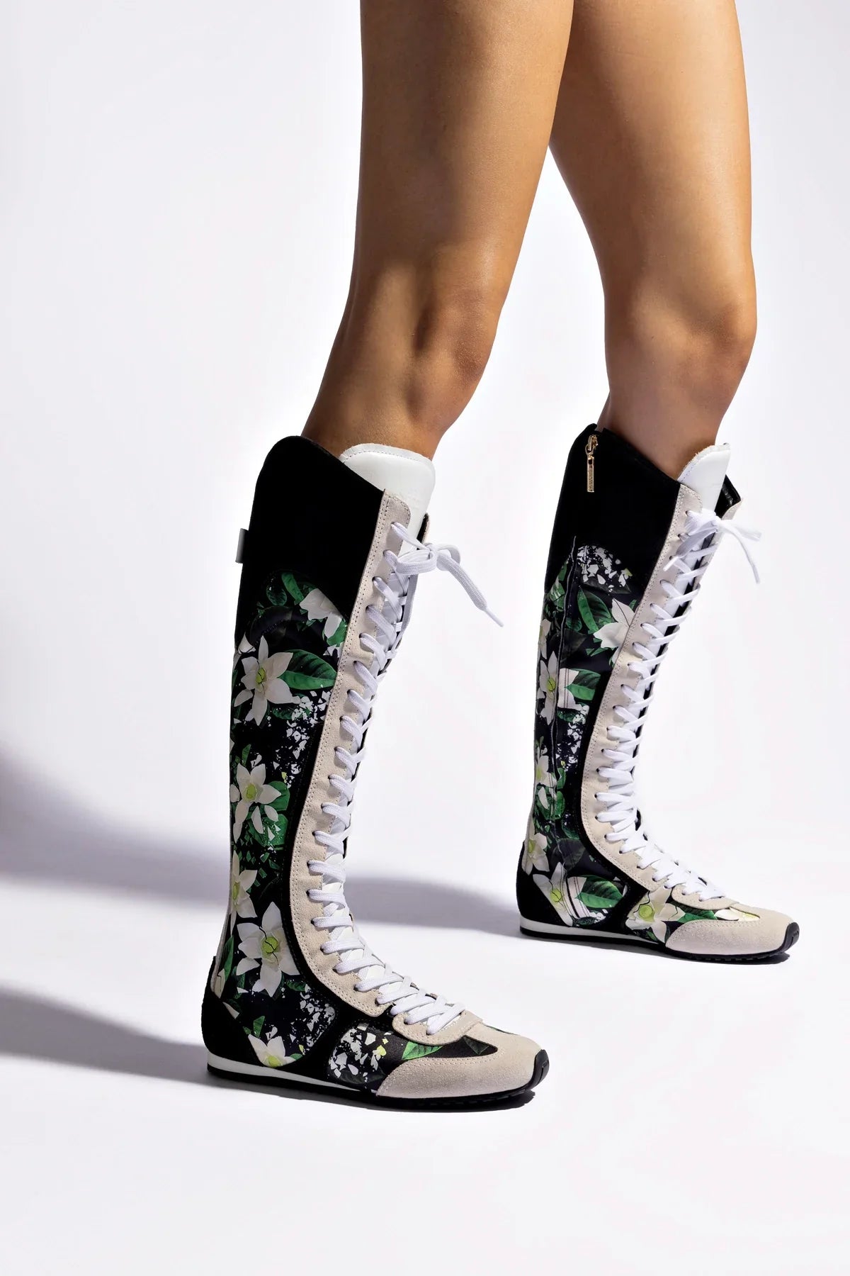 Larroudé x Jonathan Cohen Flat Hi Sneaker Boot In Black Gardenias Satin And Black Suede