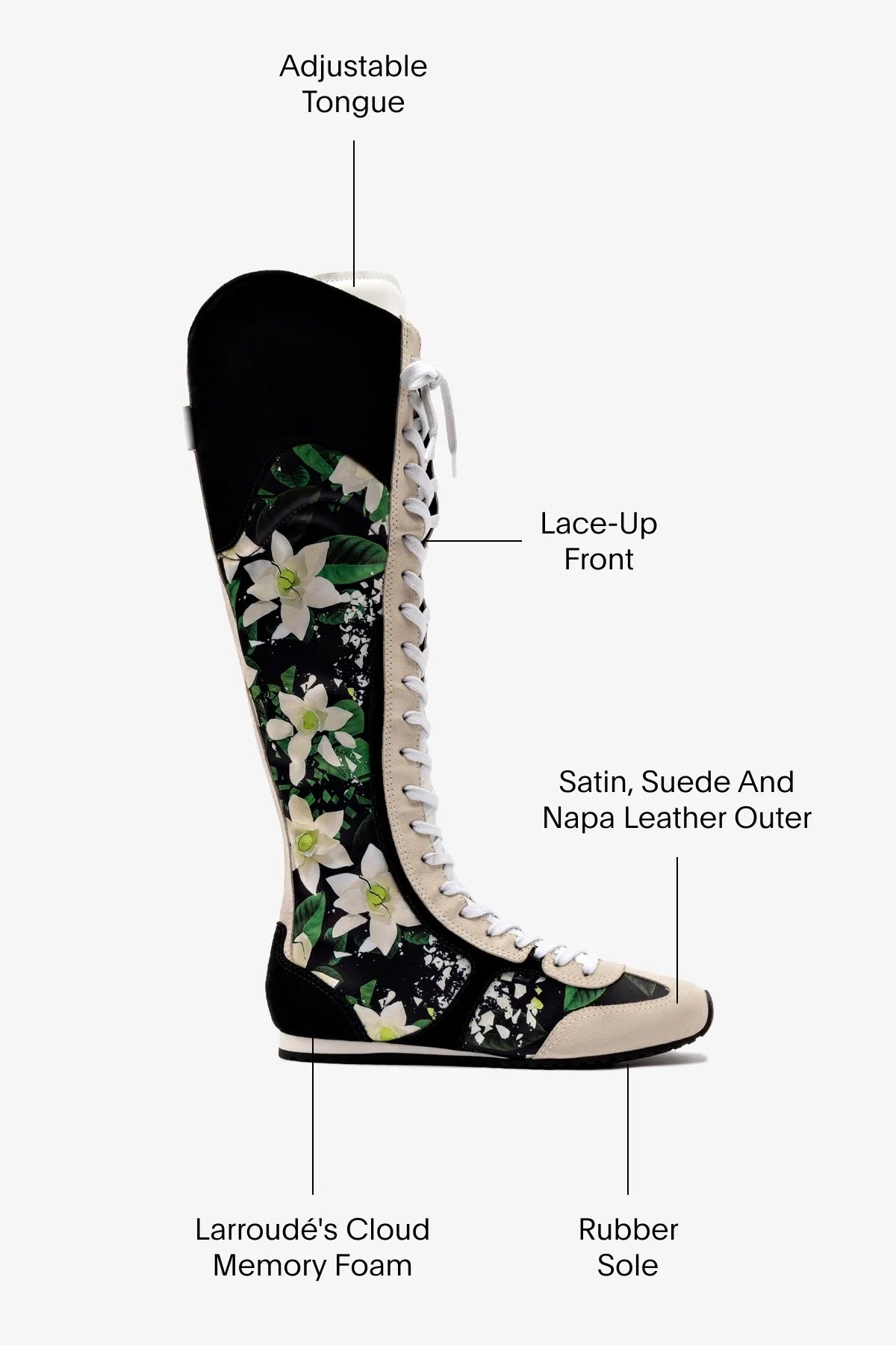 Larroudé x Jonathan Cohen Flat Hi Sneaker Boot In Black Gardenias Satin And Black Suede