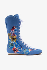 Larroudé x Jonathan Cohen Flat Lo Sneaker Boot In Dodger Blue and Gardenias Colored Satin