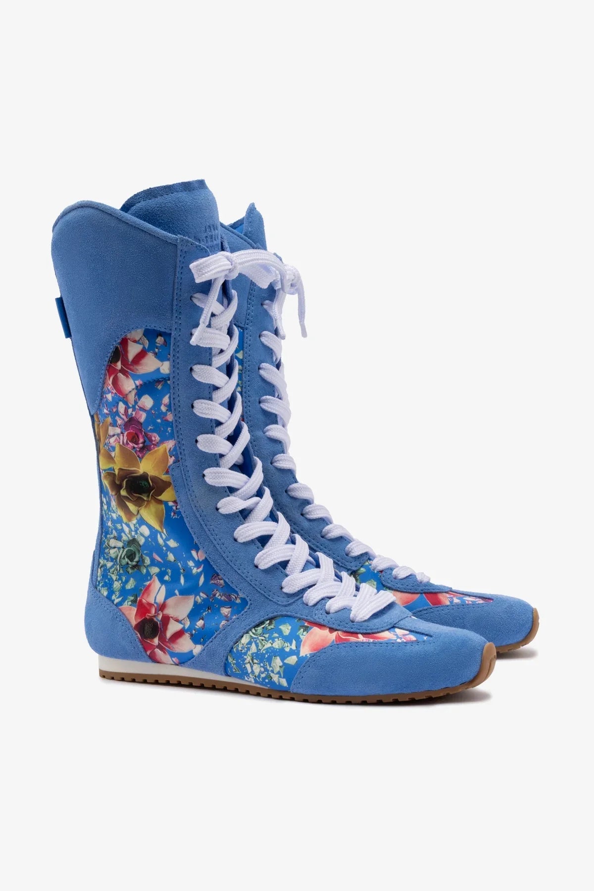 Larroudé x Jonathan Cohen Flat Lo Sneaker Boot In Dodger Blue and Gardenias Colored Satin