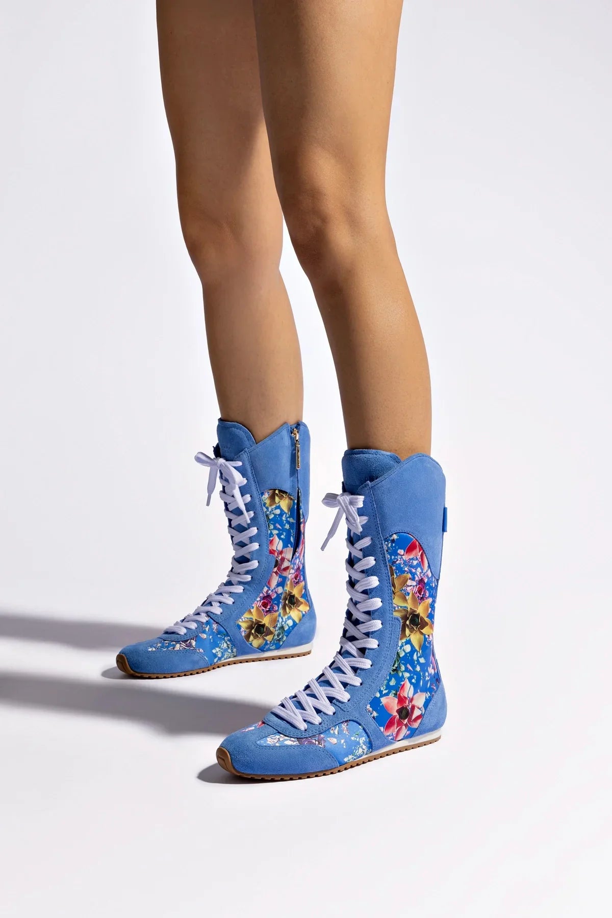 Larroudé x Jonathan Cohen Flat Lo Sneaker Boot In Dodger Blue and Gardenias Colored Satin