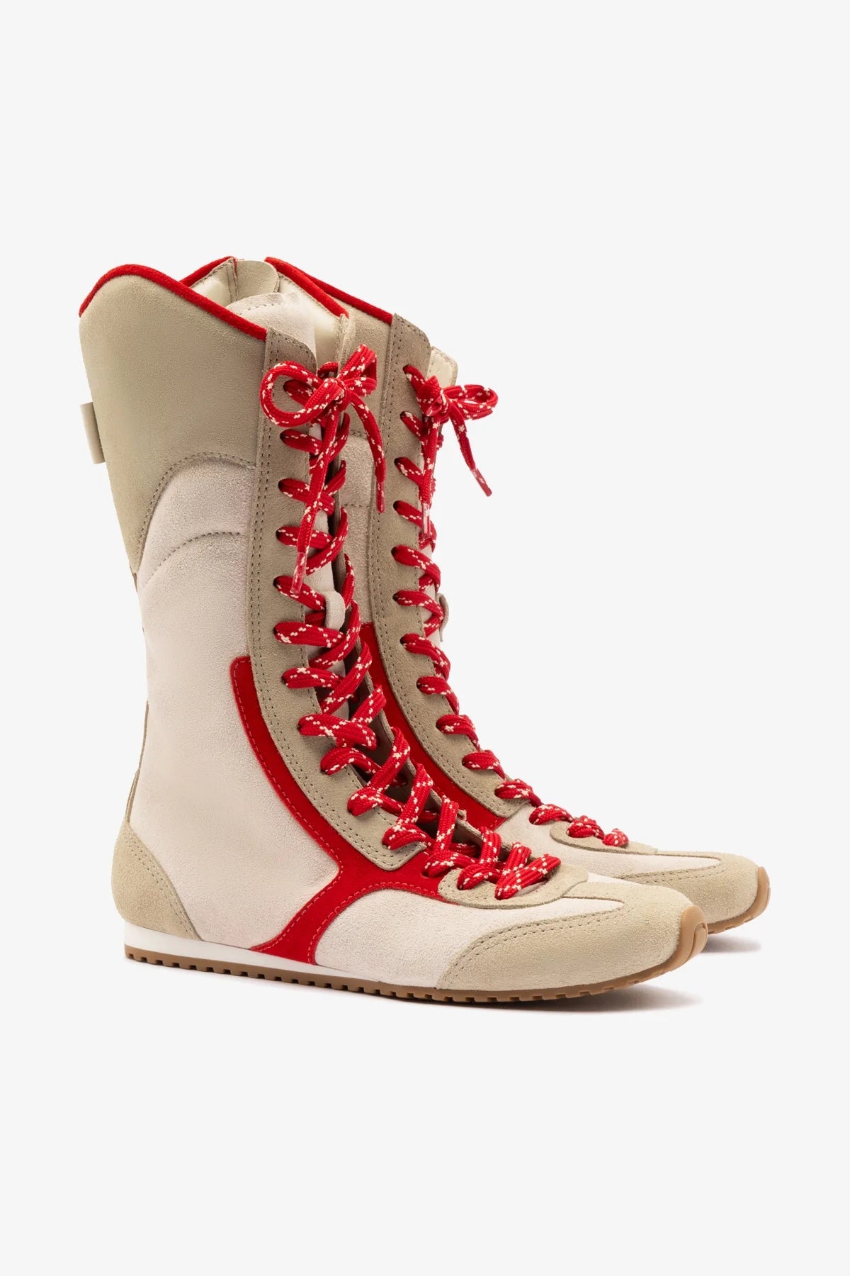 Larroudé x Jonathan Cohen Flat Lo Sneaker Boot In Ivory, Oyster Grey and Scarlet Suede