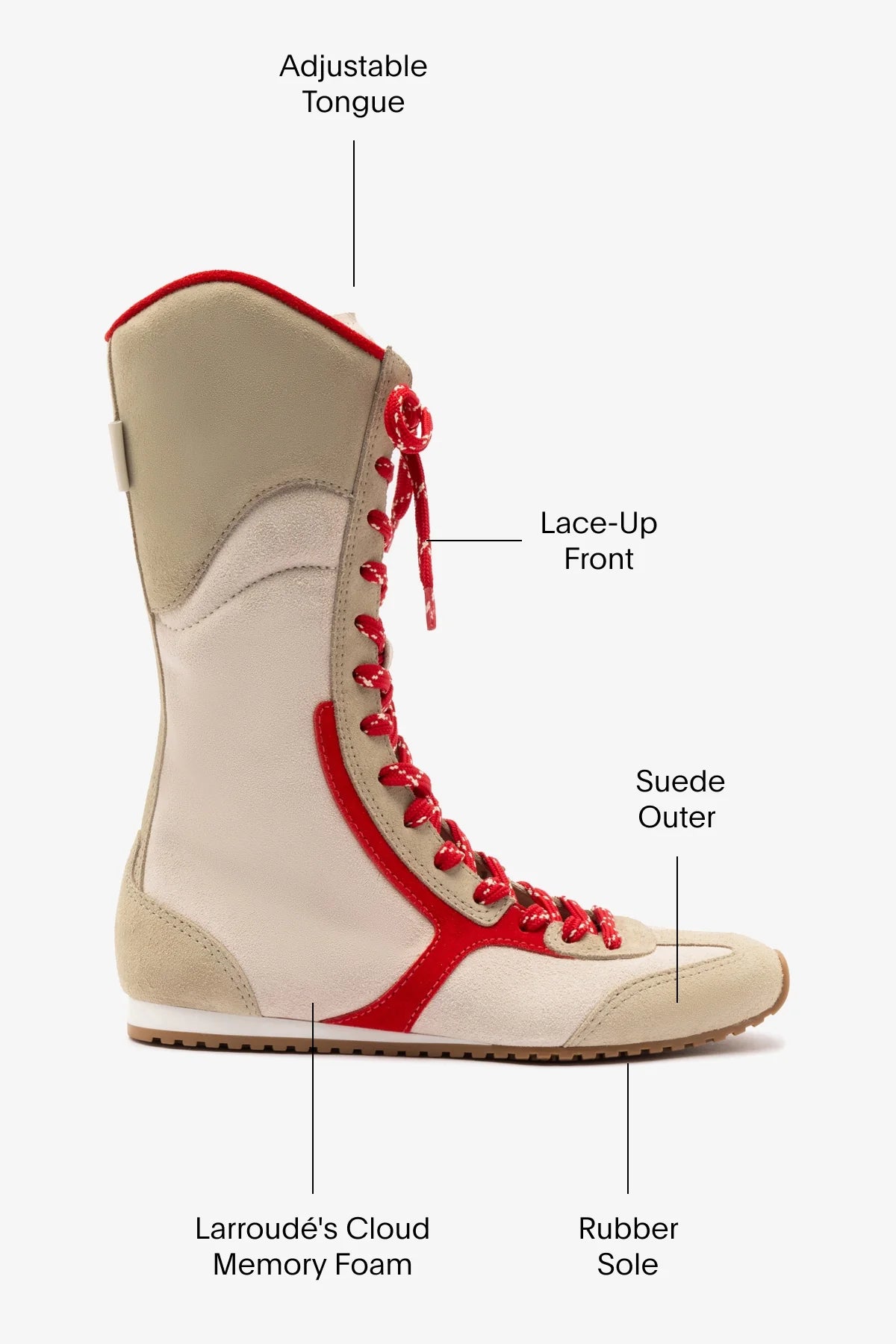 Larroudé x Jonathan Cohen Flat Lo Sneaker Boot In Ivory, Oyster Grey and Scarlet Suede