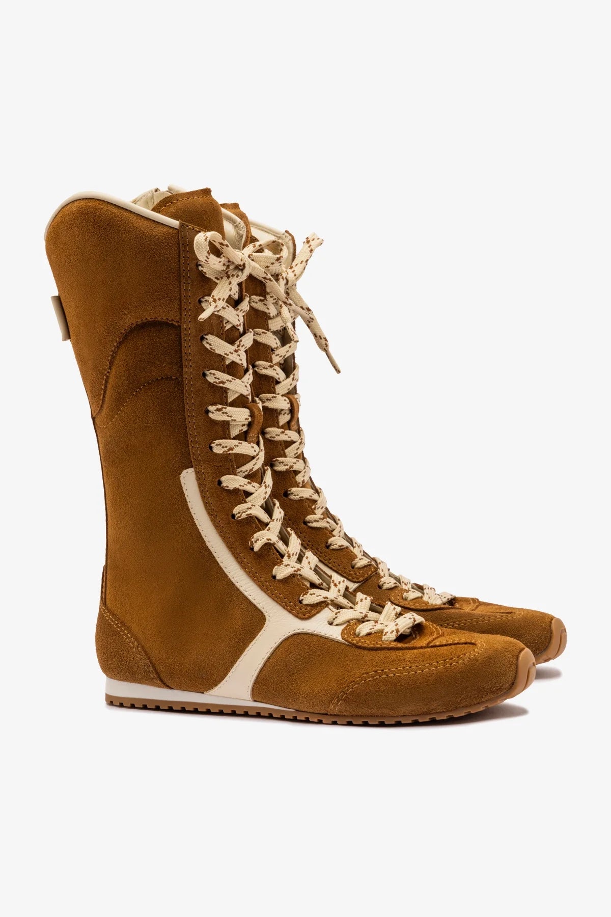 Larroudé x Jonathan Cohen Flat Lo Sneaker Boot In Russet Suede and Ivory Leather