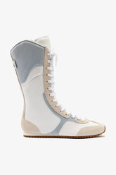 Larroudé x Jonathan Cohen Flat Lo Sneaker Boot In White Leather, Maya and Mushroom Grey Suede