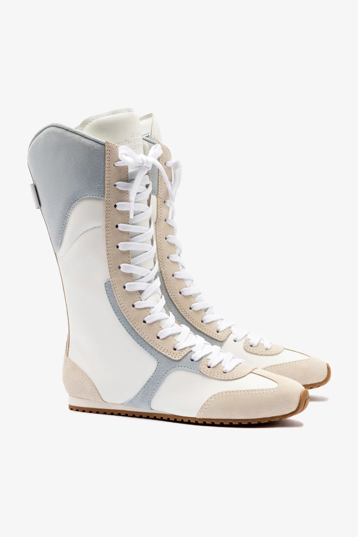Larroudé x Jonathan Cohen Flat Lo Sneaker Boot In White Leather, Maya and Mushroom Grey Suede