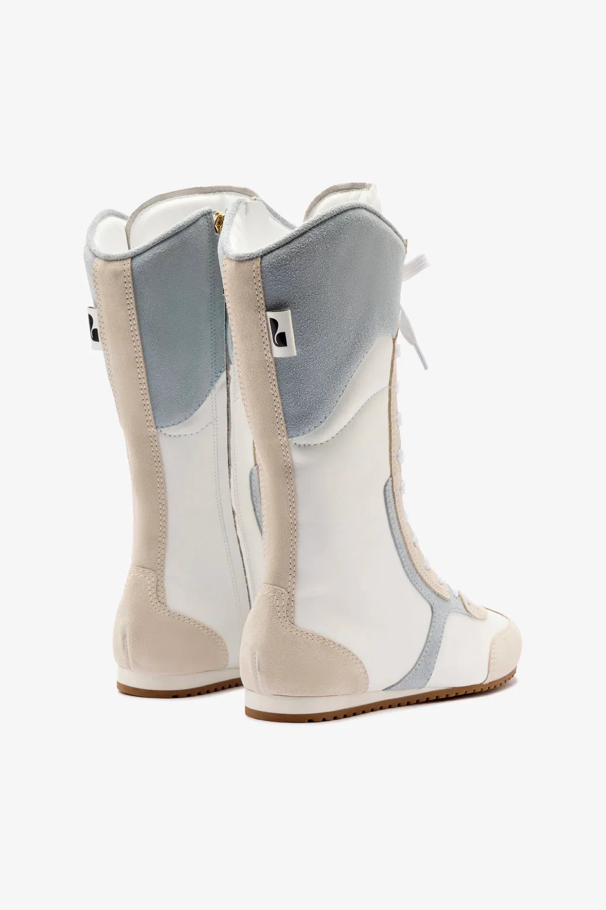 Larroudé x Jonathan Cohen Flat Lo Sneaker Boot In White Leather, Maya and Mushroom Grey Suede