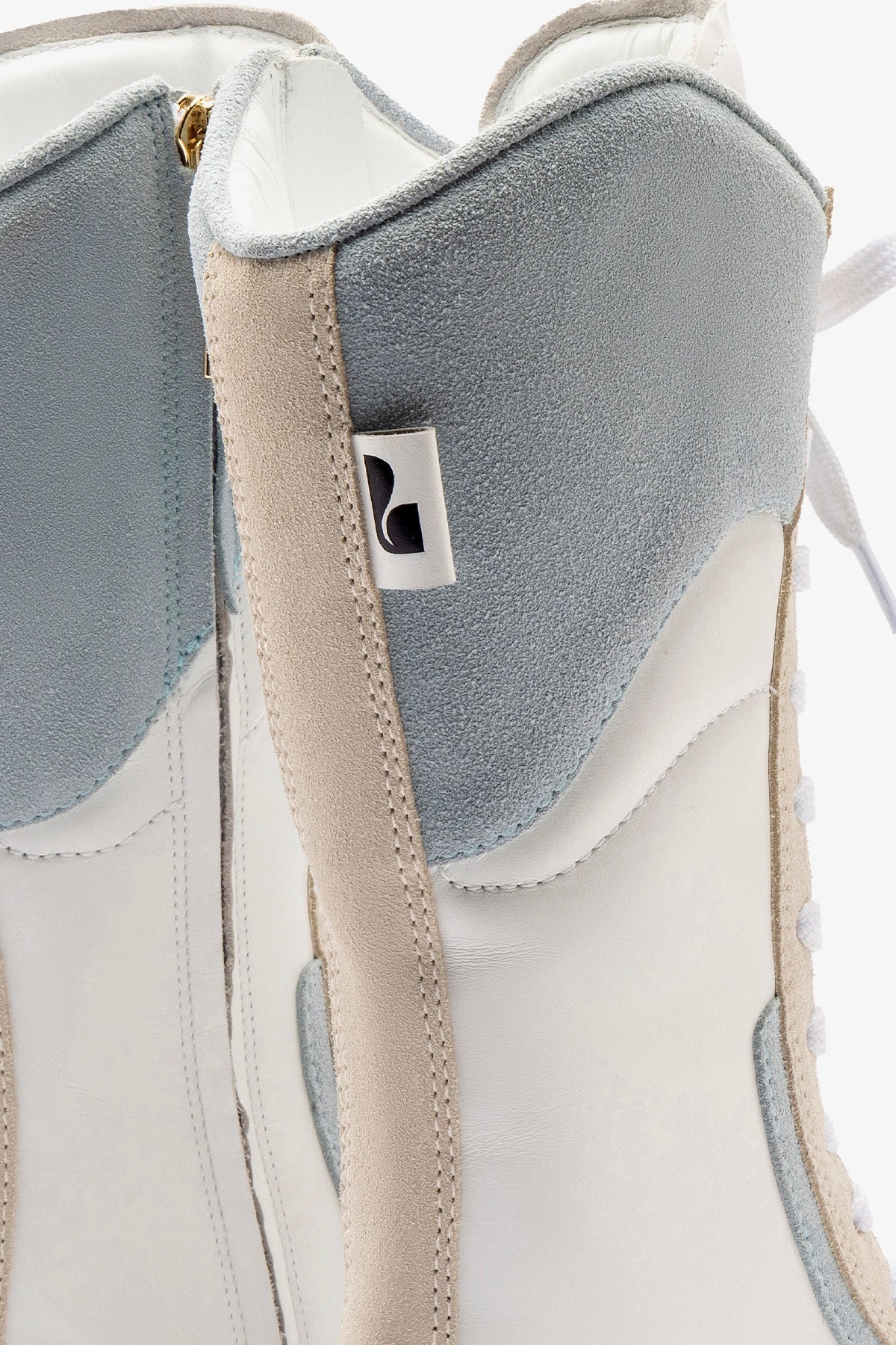 Larroudé x Jonathan Cohen Flat Lo Sneaker Boot In White Leather, Maya and Mushroom Grey Suede