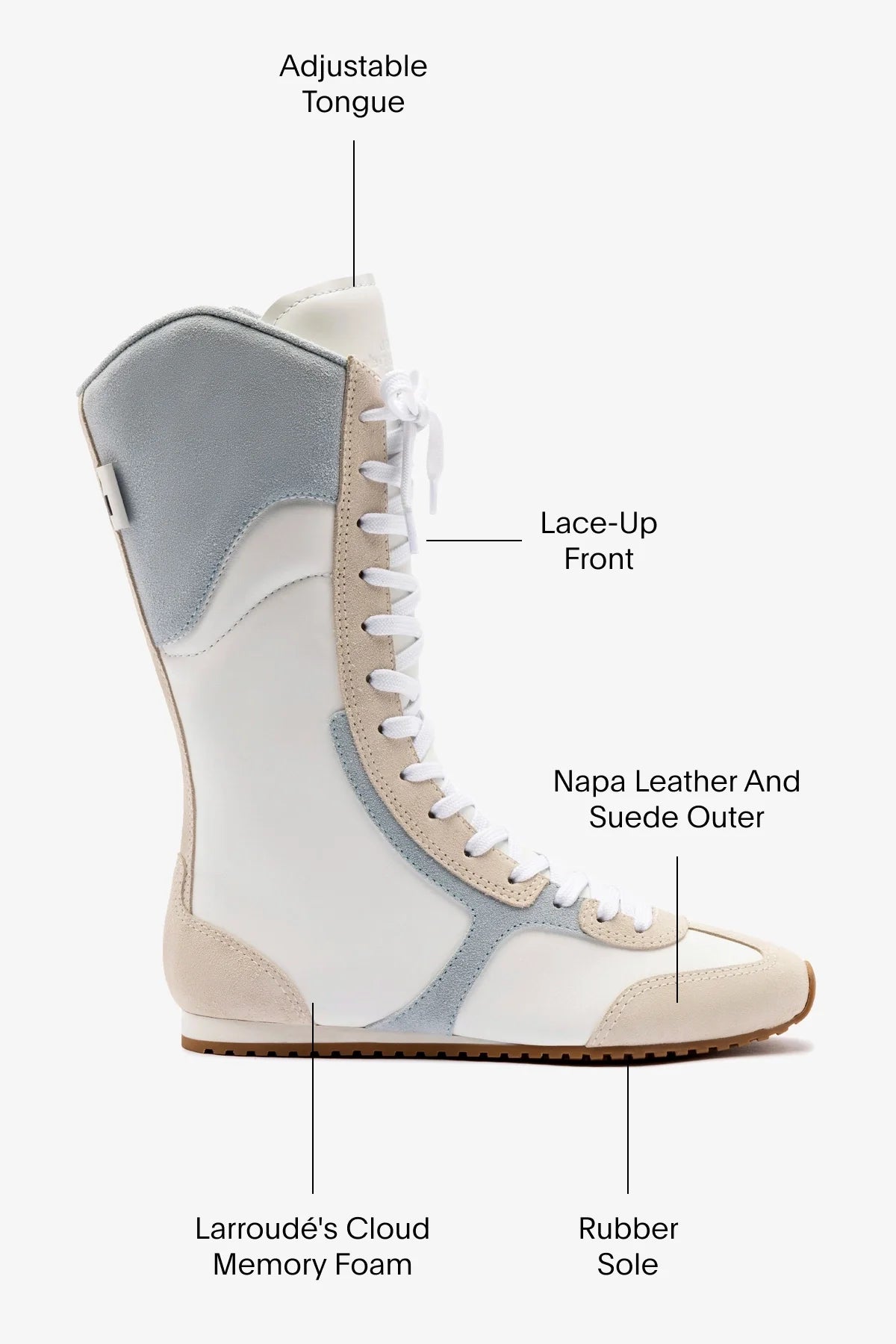 Larroudé x Jonathan Cohen Flat Lo Sneaker Boot In White Leather, Maya and Mushroom Grey Suede