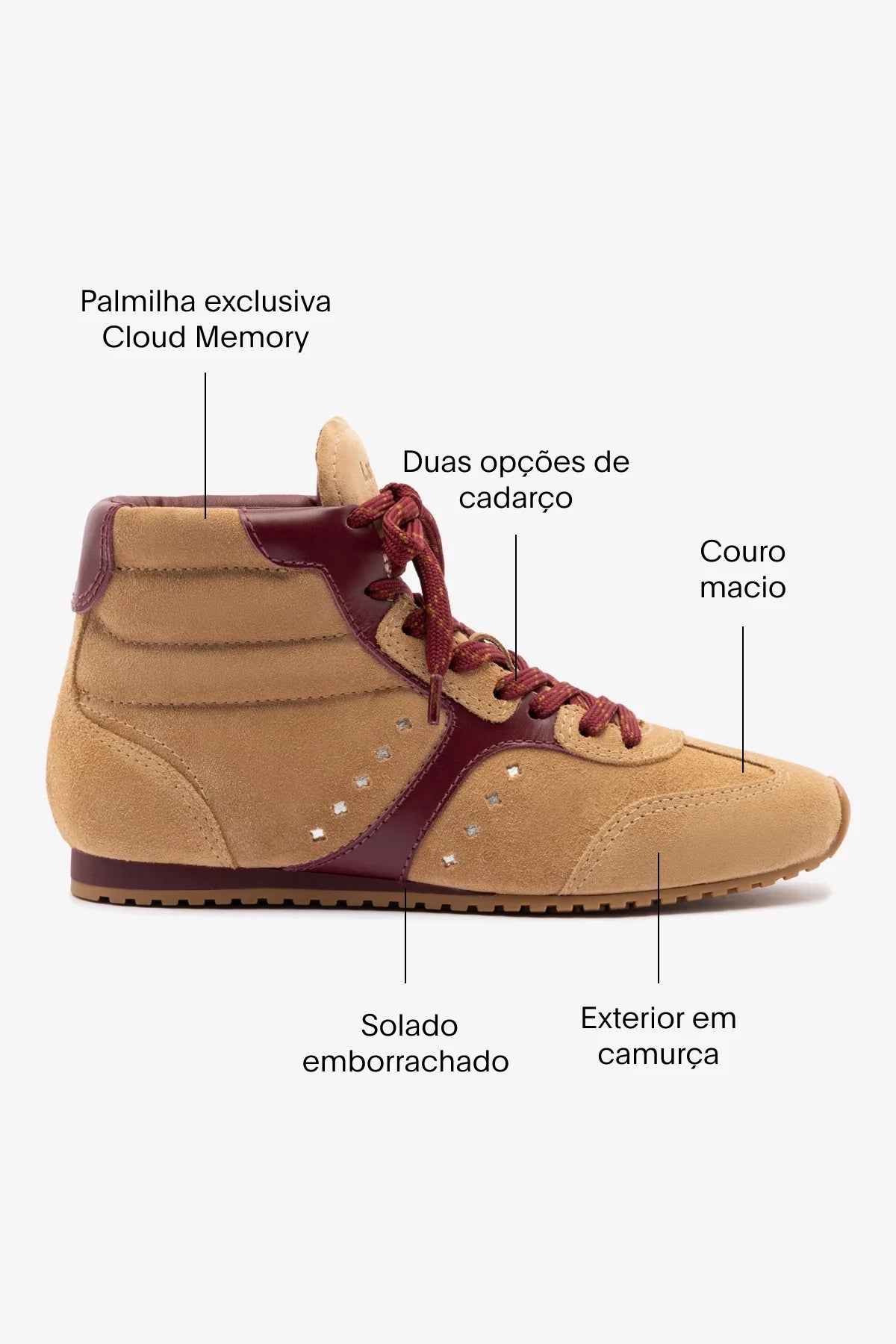 Tênis Cano Médio Stella Camurça Caramelo e Couro Bordô