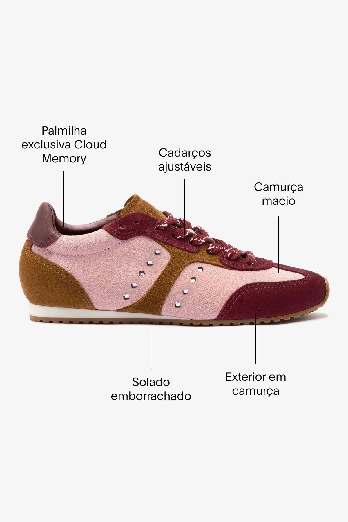 Tênis Stella Camurça Rosa e Vinho e Couro Prateado