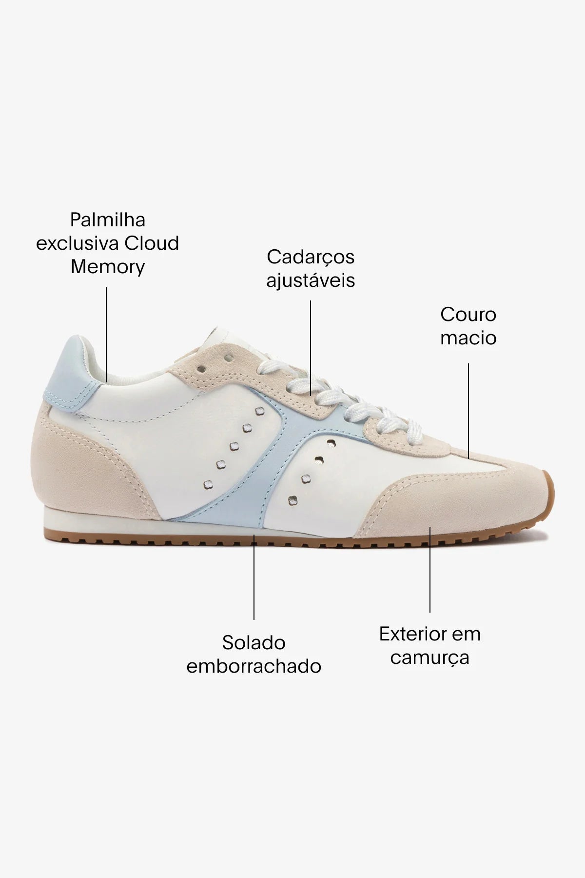 Tênis Stella Camurça Cinza e Couro Branco e Azul