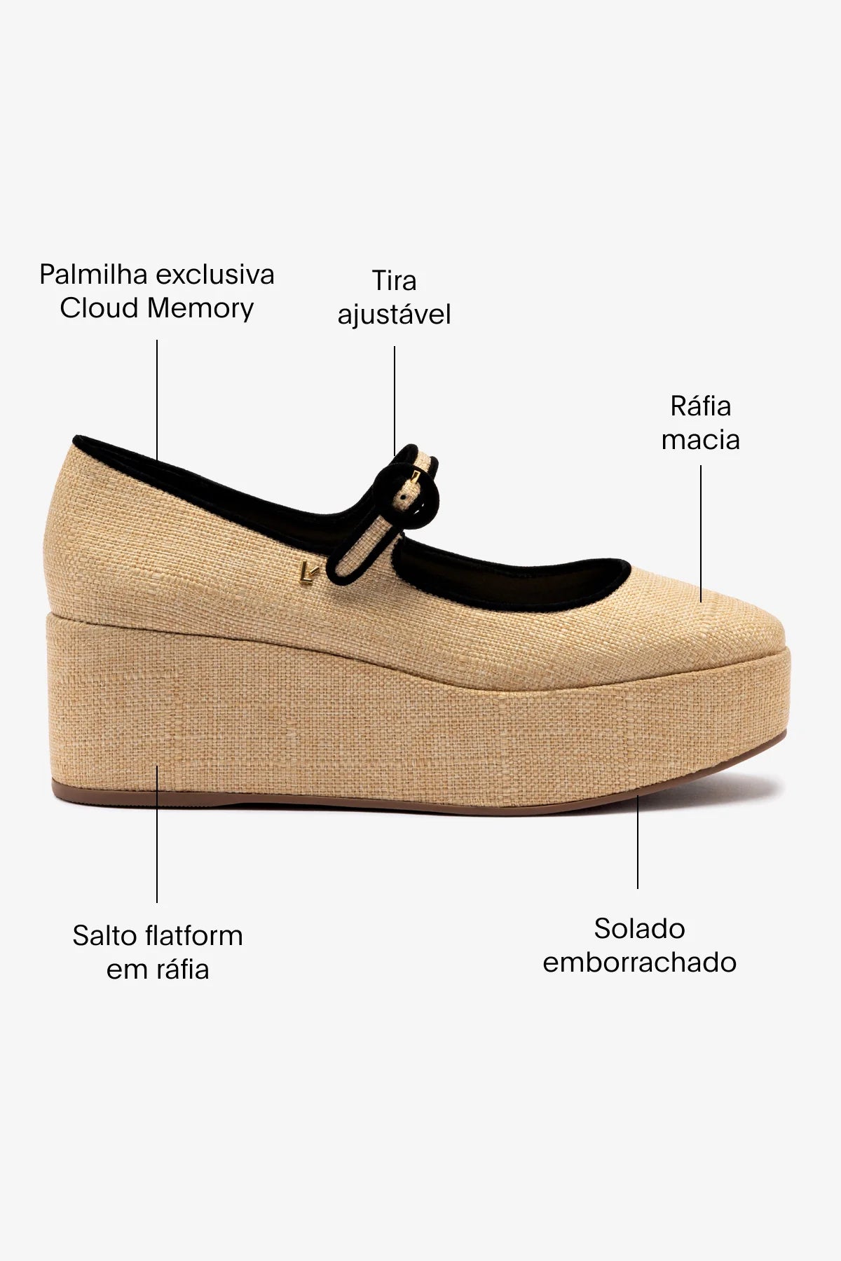 Flatform Blair Ráfia Bege e Camurça Preto