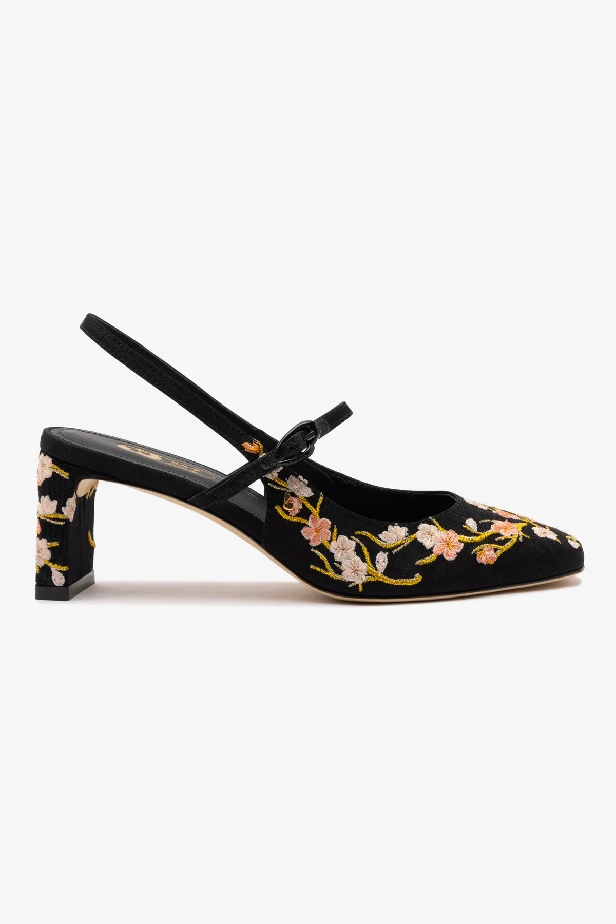 Slingback Georgina Sakura Seda Preto e Bordado Floral