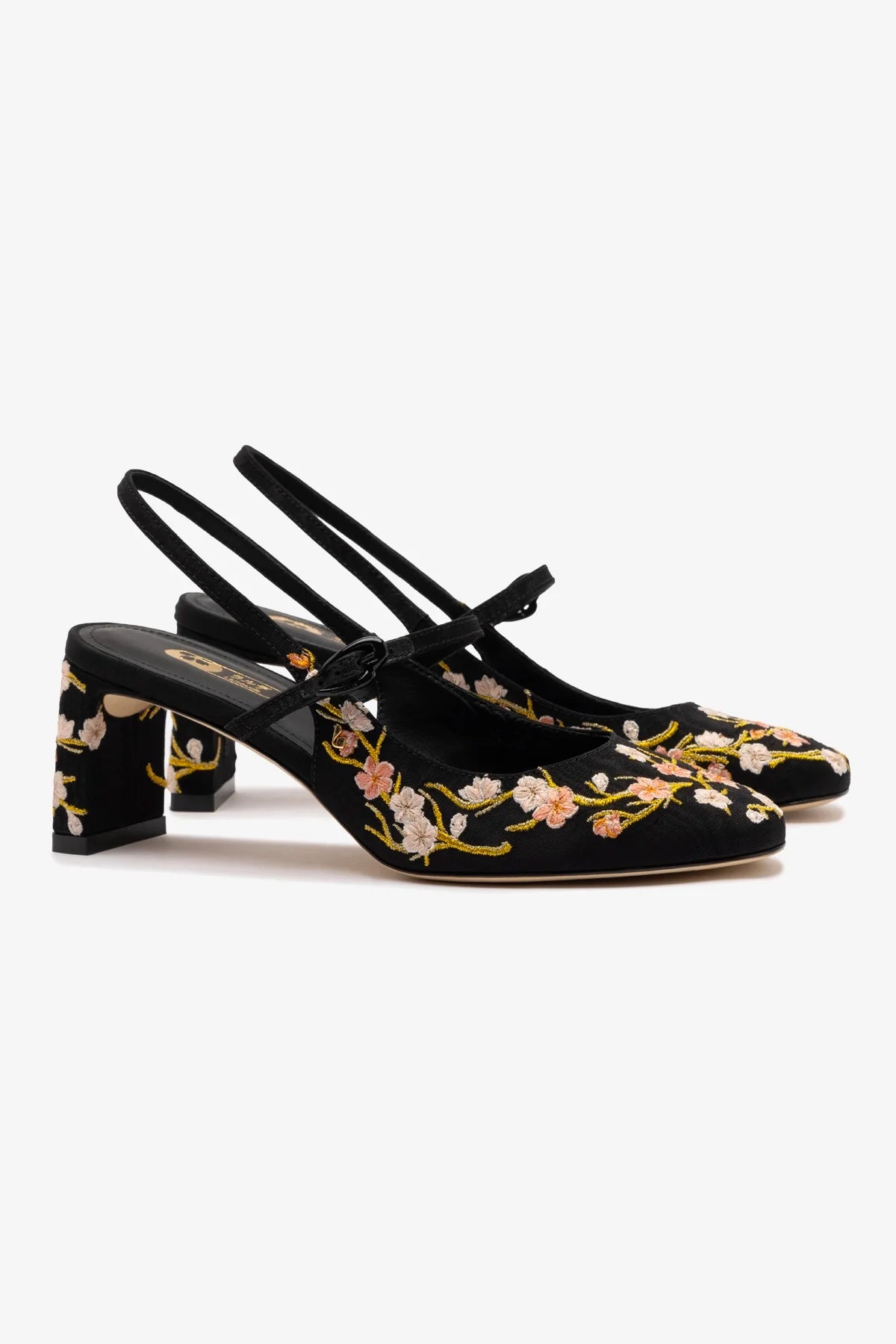 Slingback Georgina Sakura Seda Preto e Bordado Floral