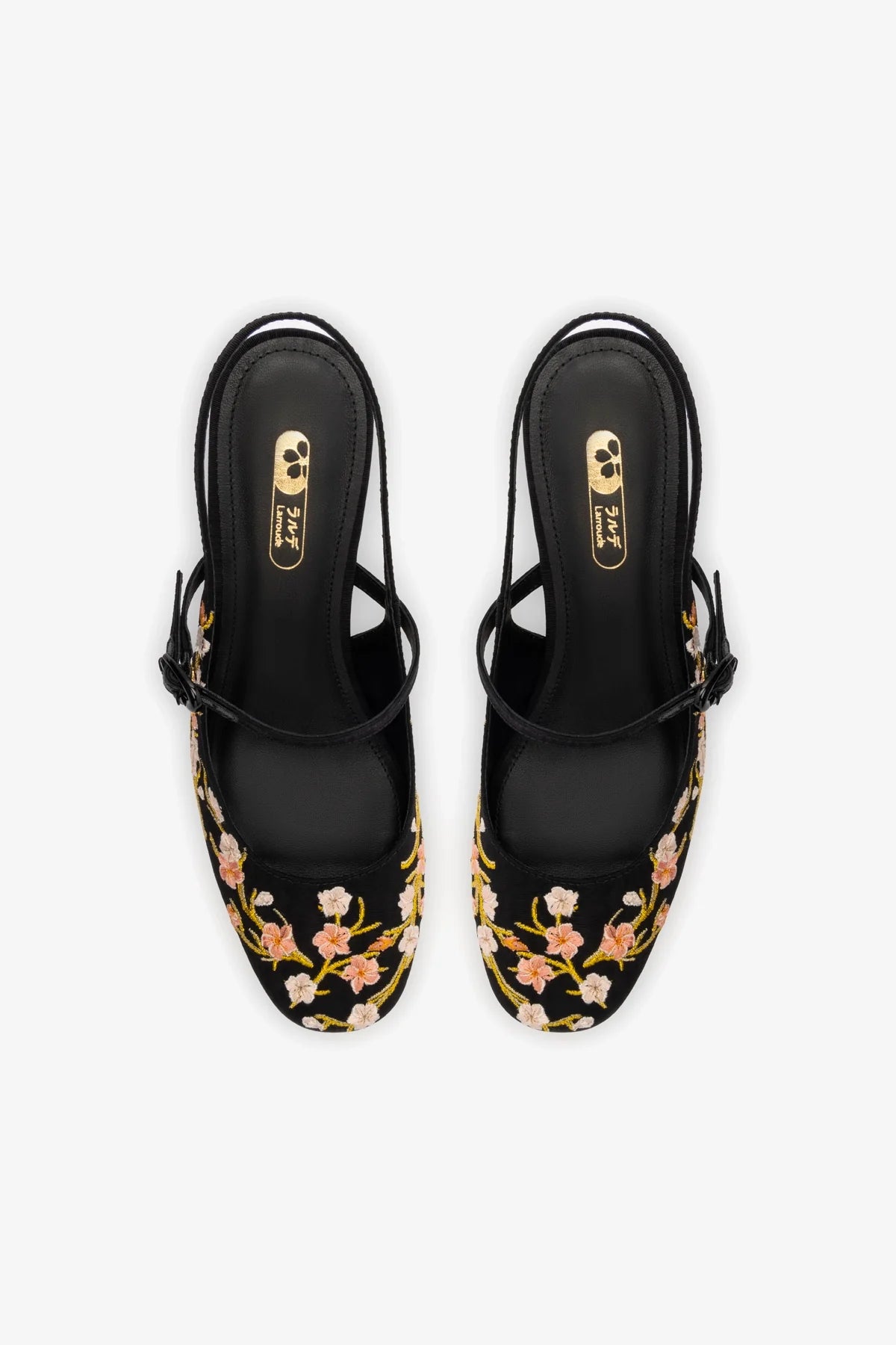 Slingback Georgina Sakura Seda Preto e Bordado Floral
